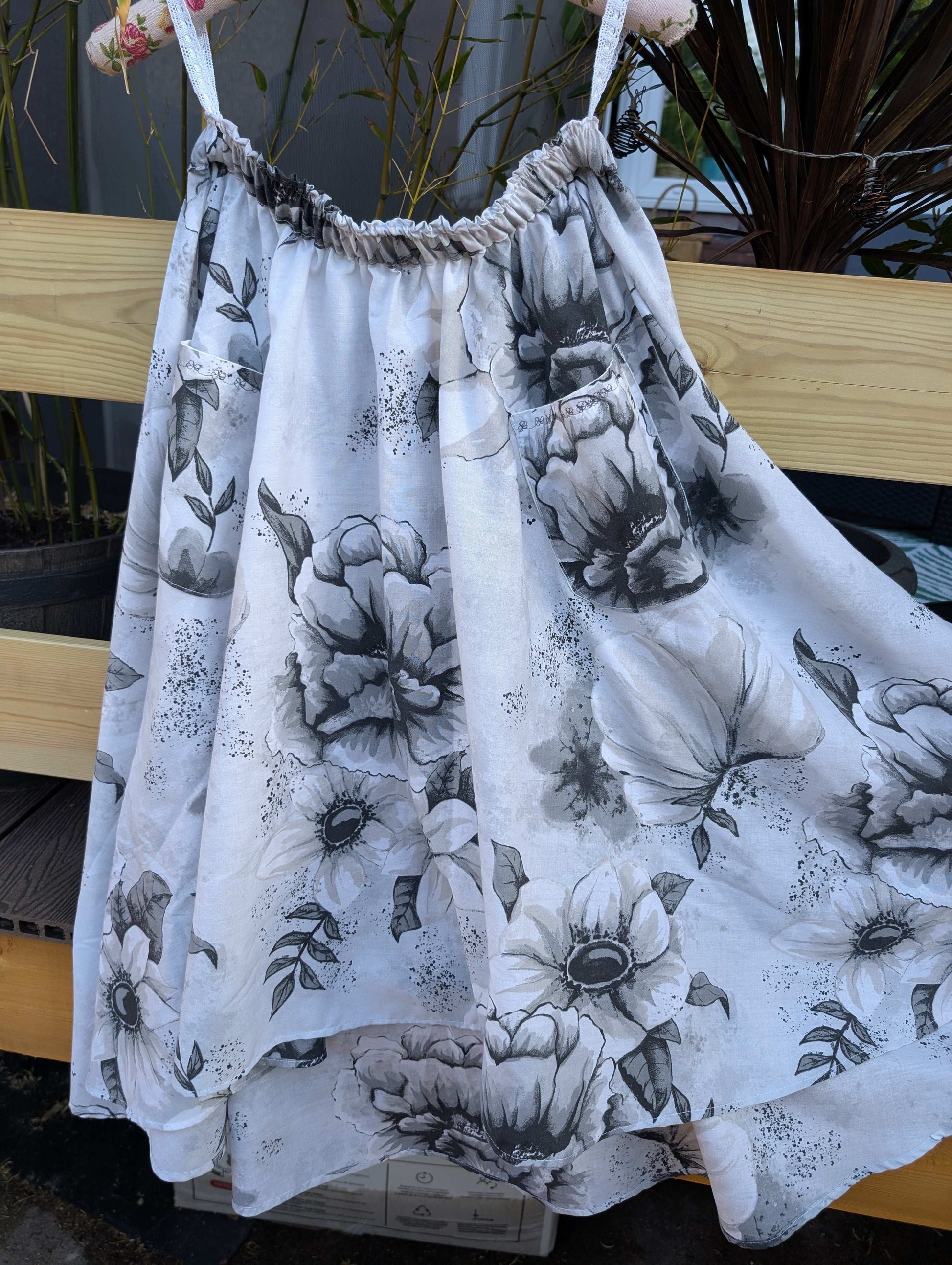 Skirt 14-waterfall hem skirt-circle skirt-black flower pattern-hippy skirt-full skirt with pockets-long skirt- flared, stretch waist