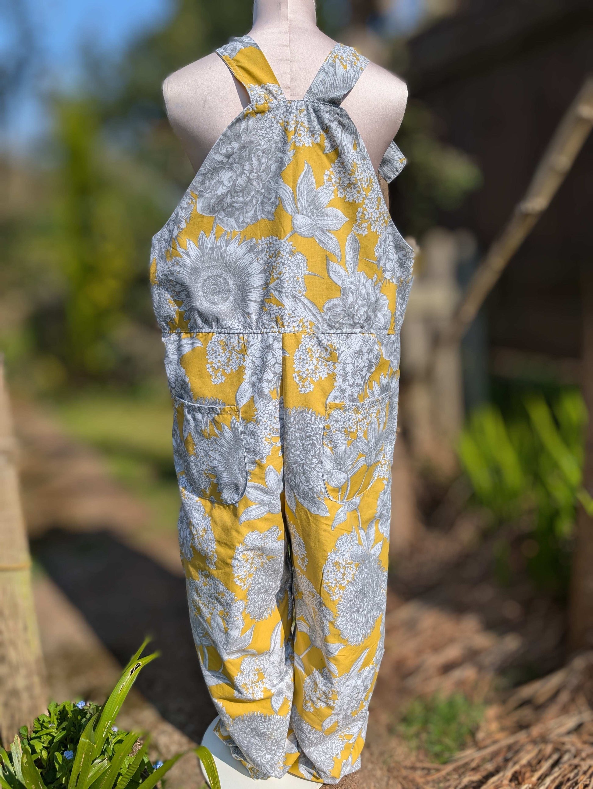 dungarees size 14 or L grey and yellow floral dungarees-baggy dungarees-sustainable fashion-ballon leg-reworked clothing-