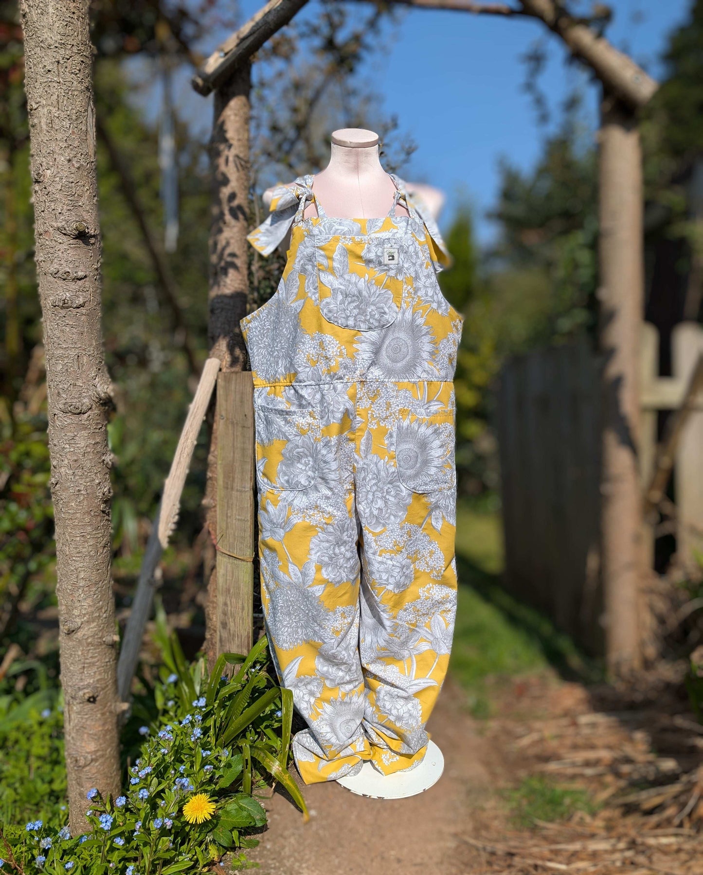 dungarees size 14 or L grey and yellow floral dungarees-baggy dungarees-sustainable fashion-ballon leg-reworked clothing-