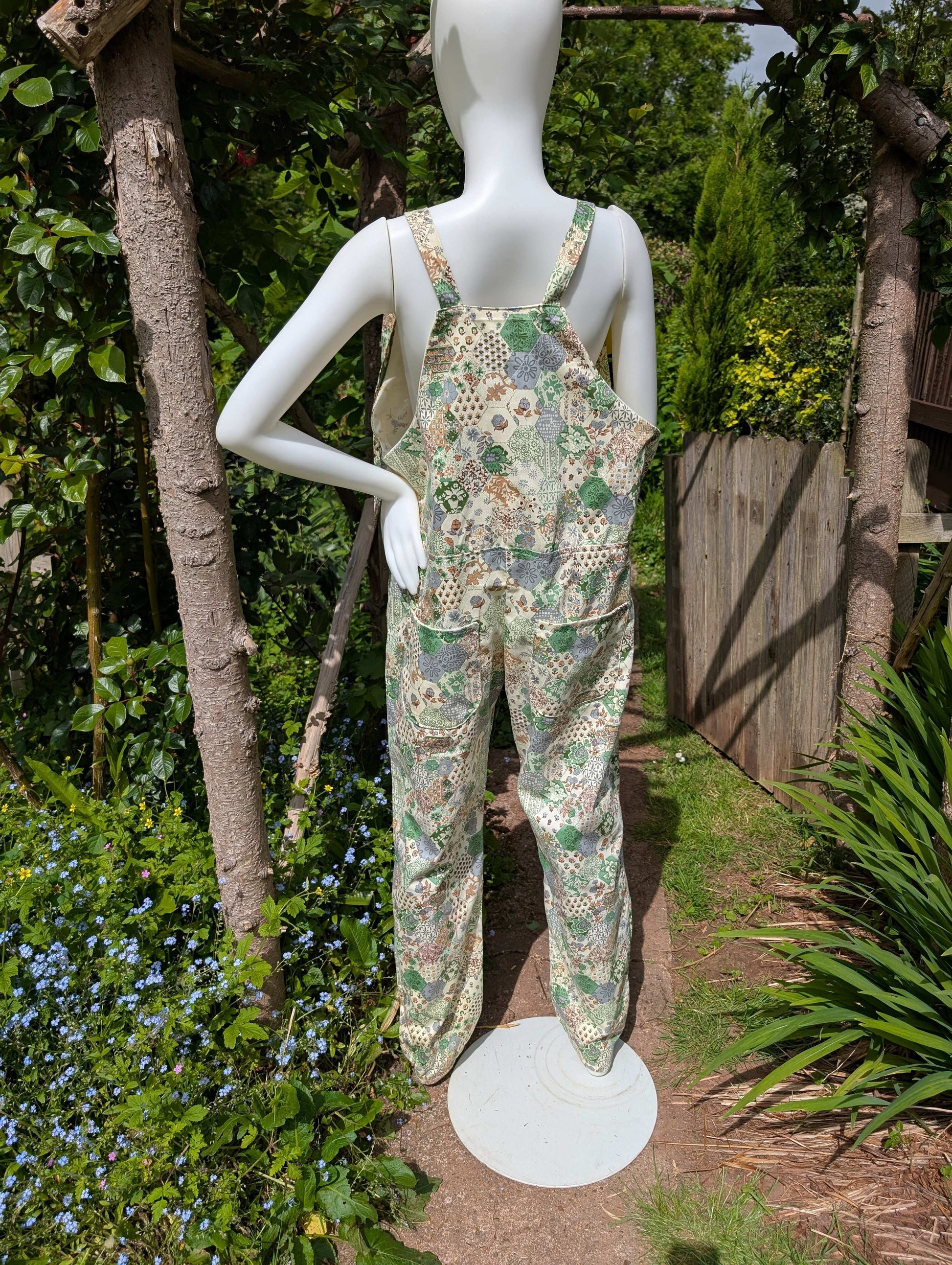 dungarees size 14-floral clothing-overalls-all in one-jumpsuit-cotton dungarees-reworked clothing