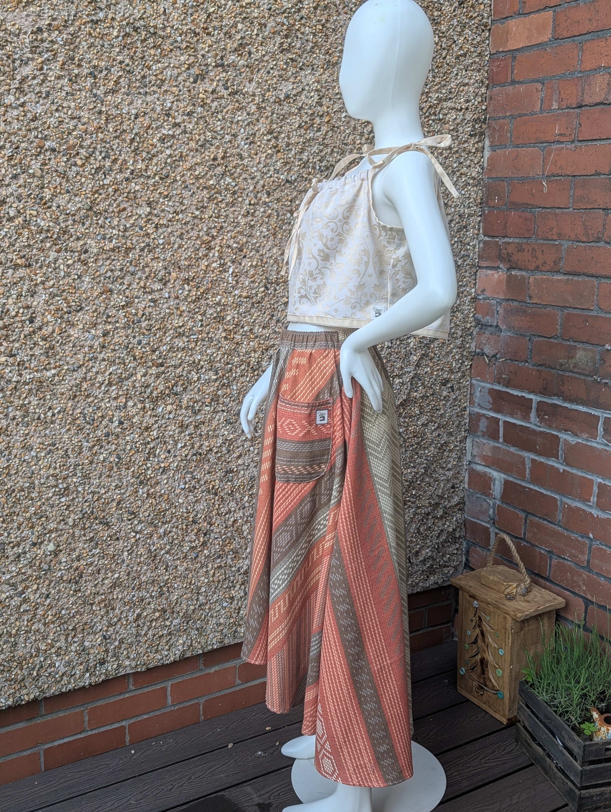 Skirt 16-waterfall hem skirt-circle skirt-stripe pattern-hippy skirt-full skirt with pockets-long skirt- flared, stretch waist