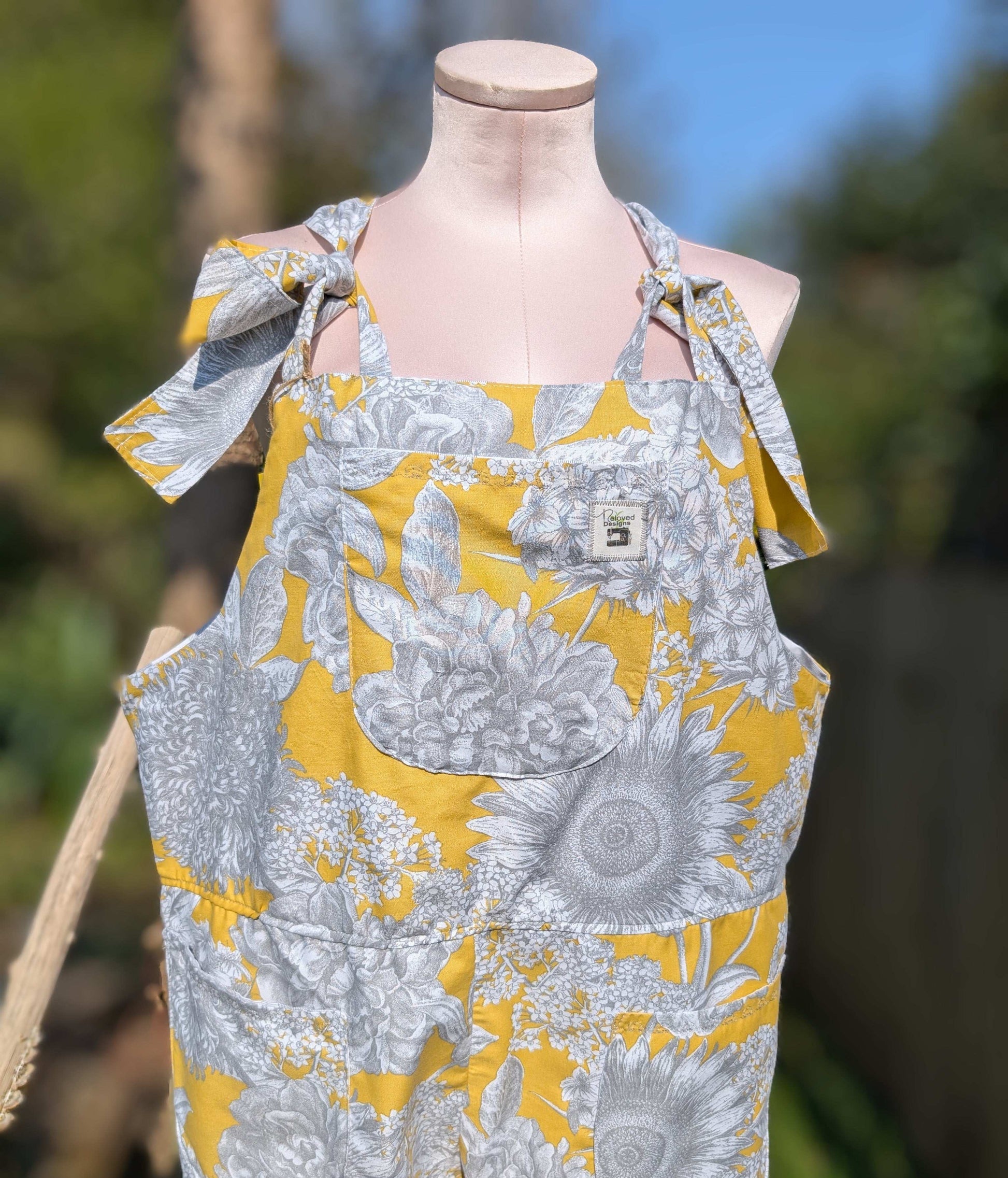 dungarees size 14 or L grey and yellow floral dungarees-baggy dungarees-sustainable fashion-ballon leg-reworked clothing-