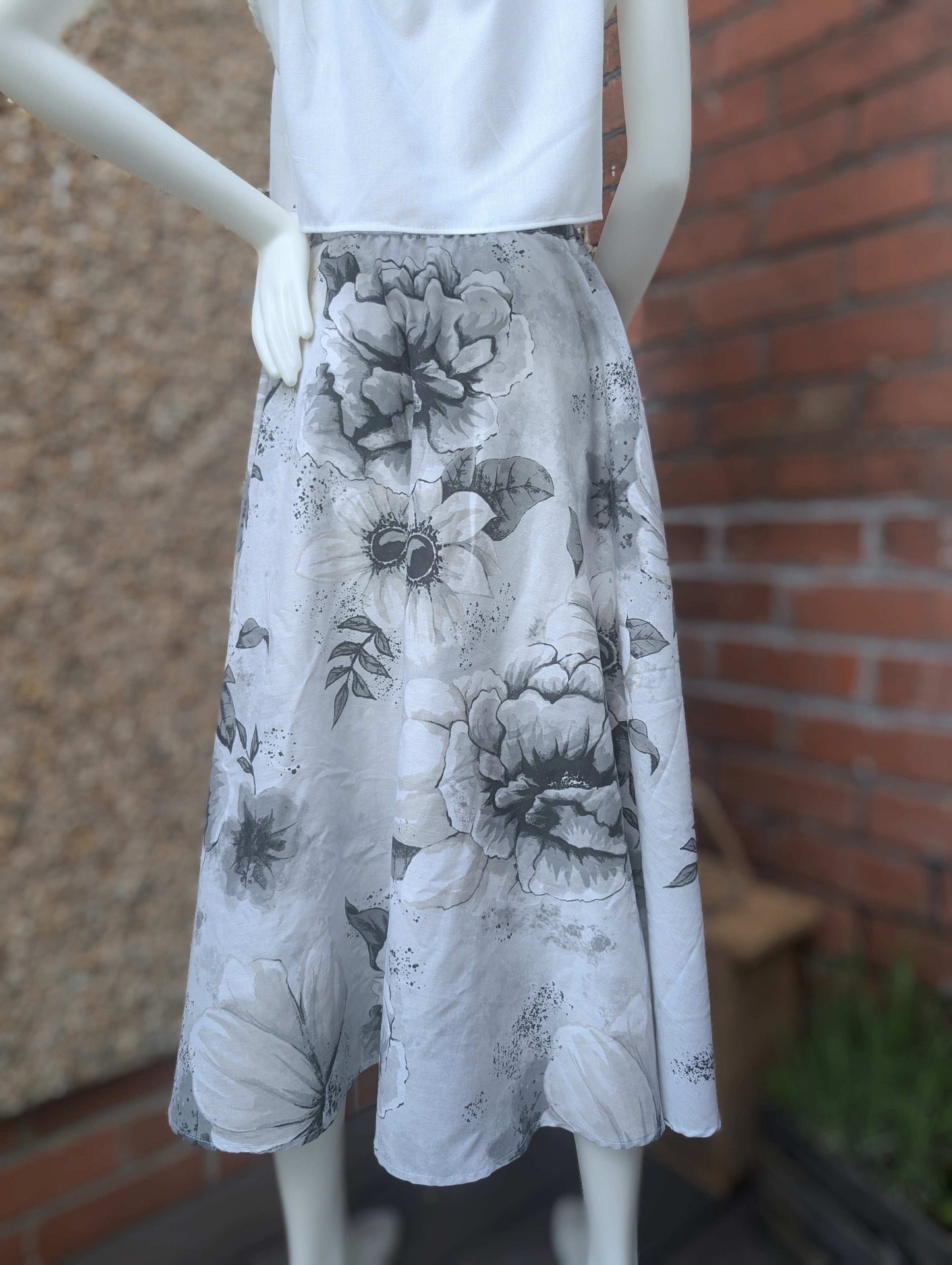 Skirt 14-waterfall hem skirt-circle skirt-black flower pattern-hippy skirt-full skirt with pockets-long skirt- flared, stretch waist