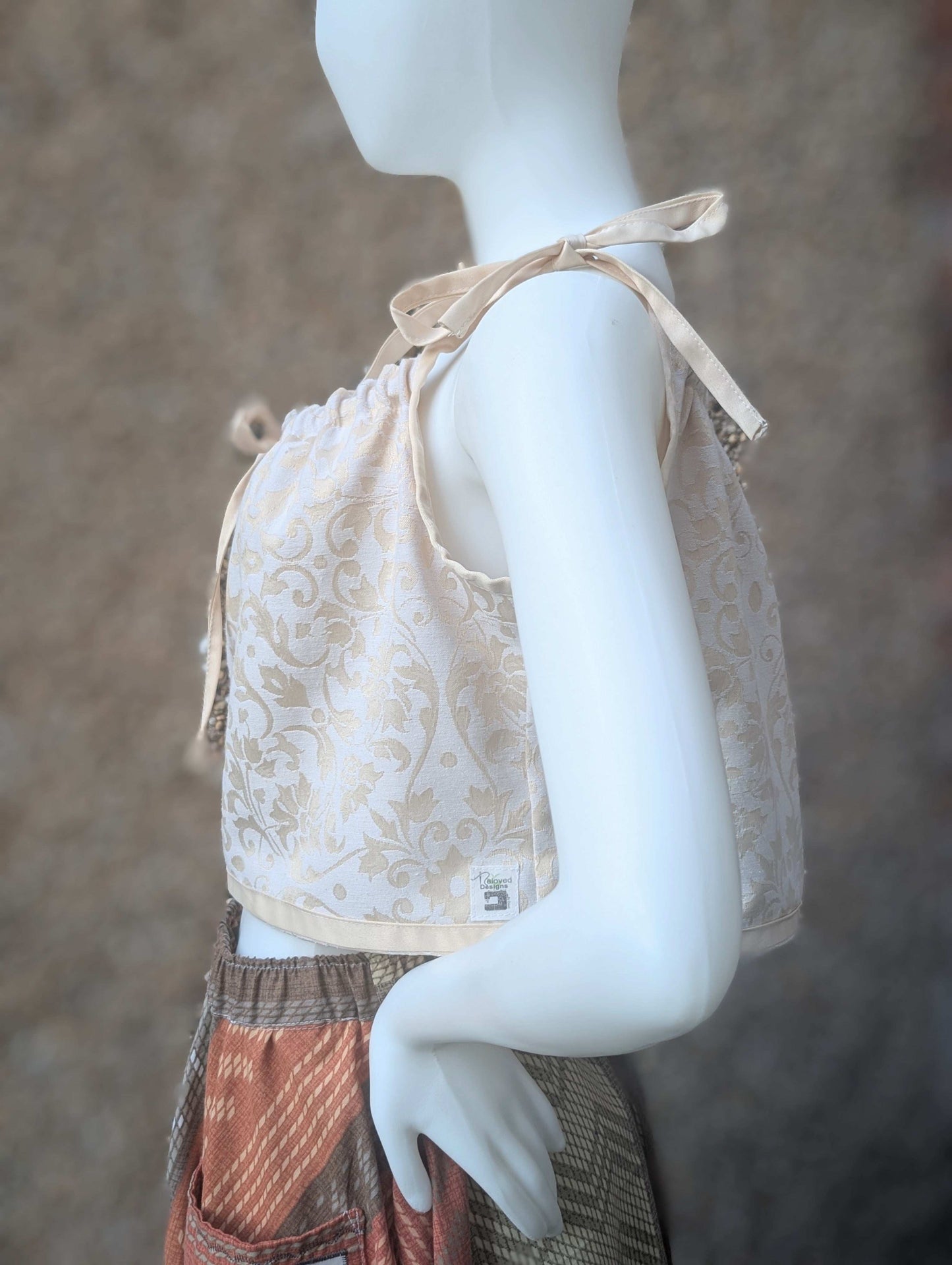 cropped top, strappy top, vest, blouse size 12, whimsical top, hippy top, cami top, reworked top, ribbon straps top, summer vest