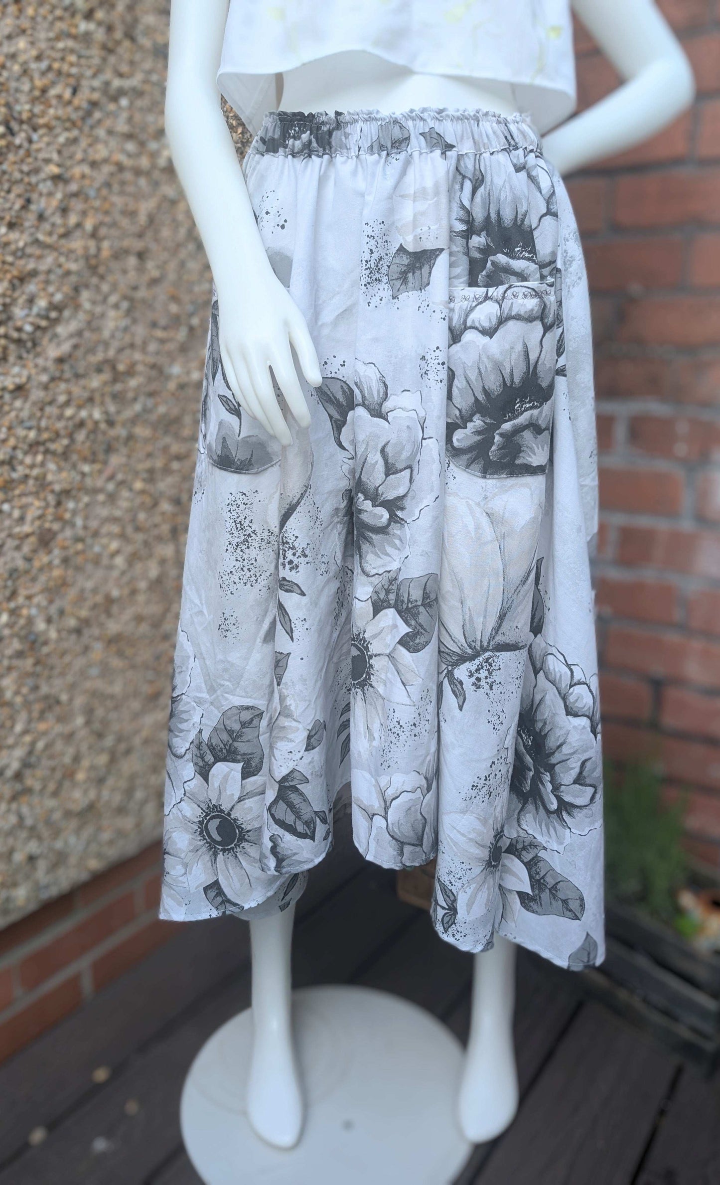 Skirt 14-waterfall hem skirt-circle skirt-black flower pattern-hippy skirt-full skirt with pockets-long skirt- flared, stretch waist