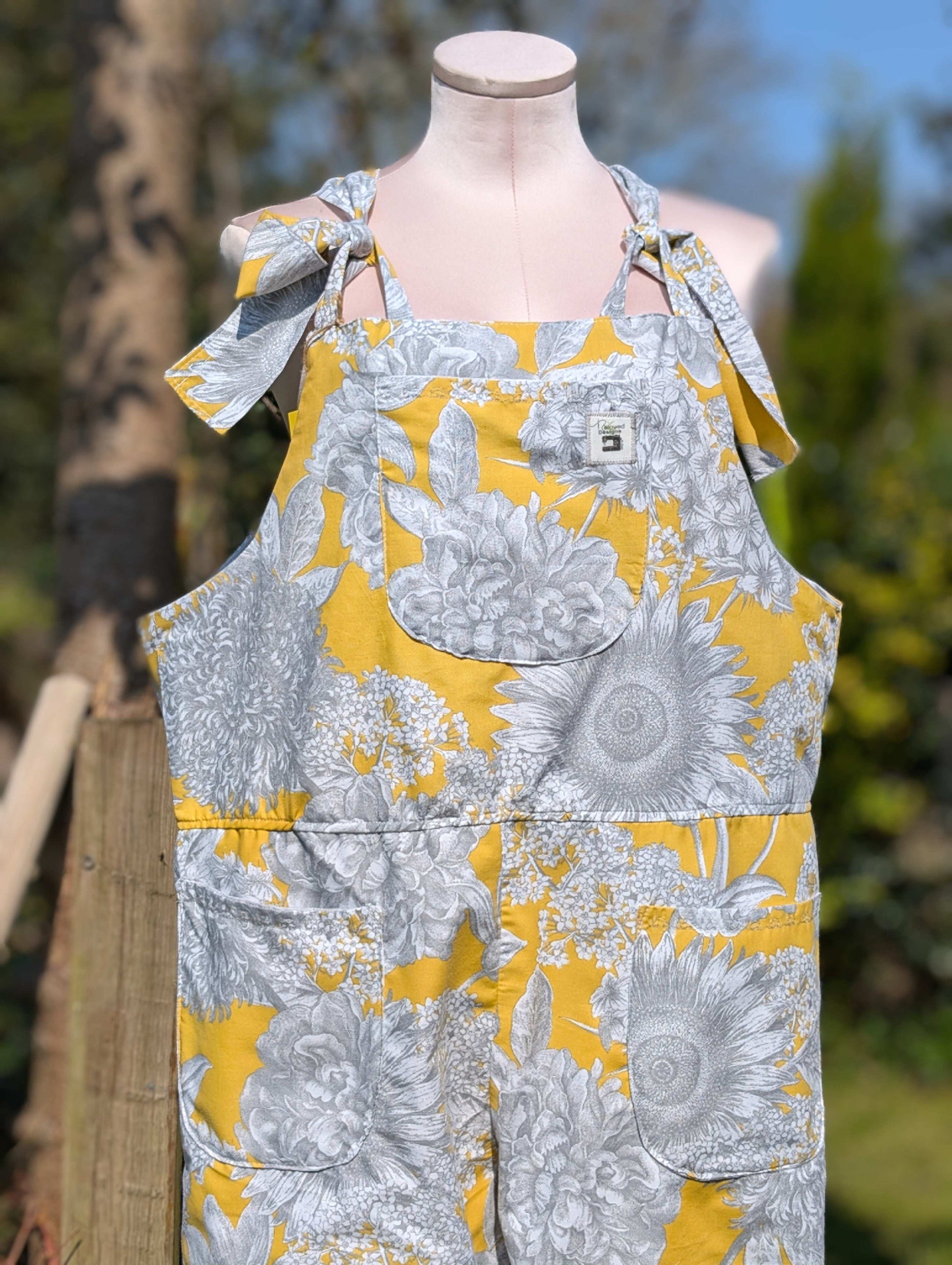 dungarees size 14 or L grey and yellow floral dungarees-baggy dungarees-sustainable fashion-ballon leg-reworked clothing-