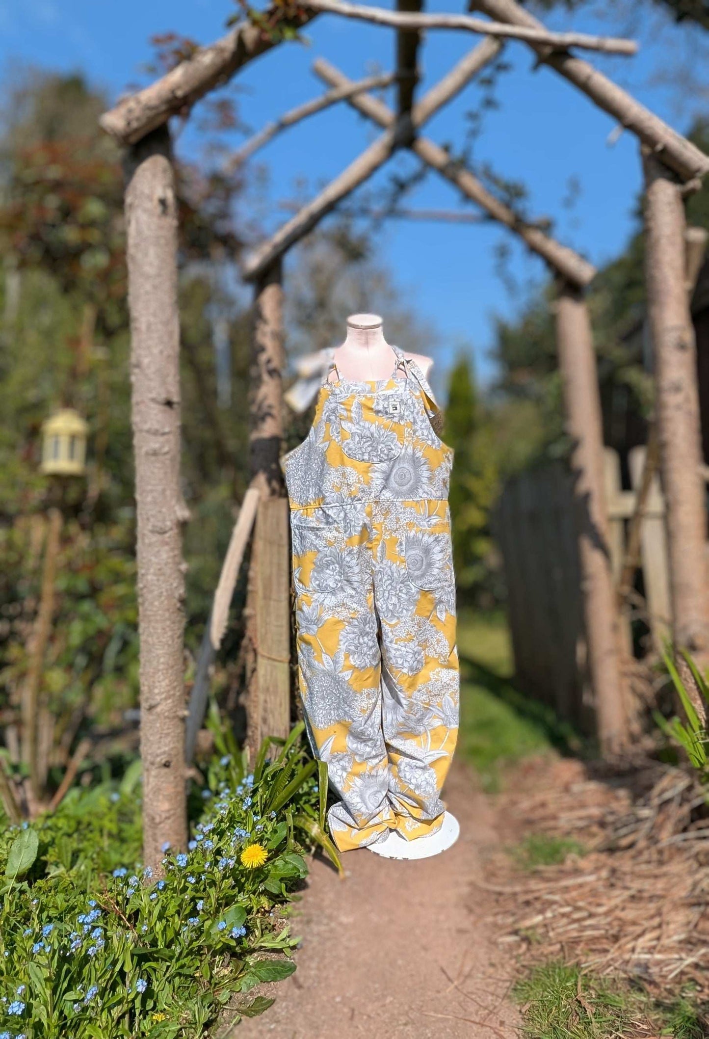 dungarees size 14 or L grey and yellow floral dungarees-baggy dungarees-sustainable fashion-ballon leg-reworked clothing-