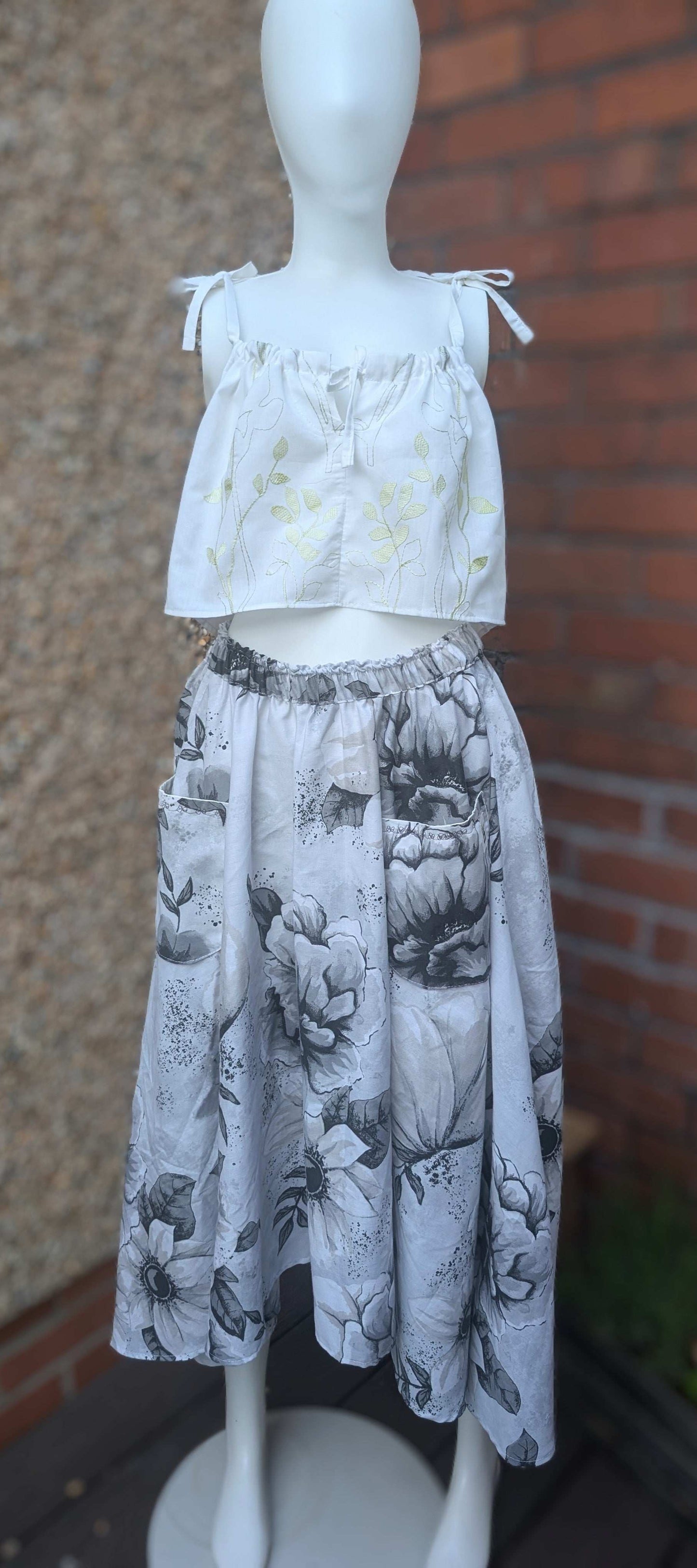 Skirt 14-waterfall hem skirt-circle skirt-black flower pattern-hippy skirt-full skirt with pockets-long skirt- flared, stretch waist