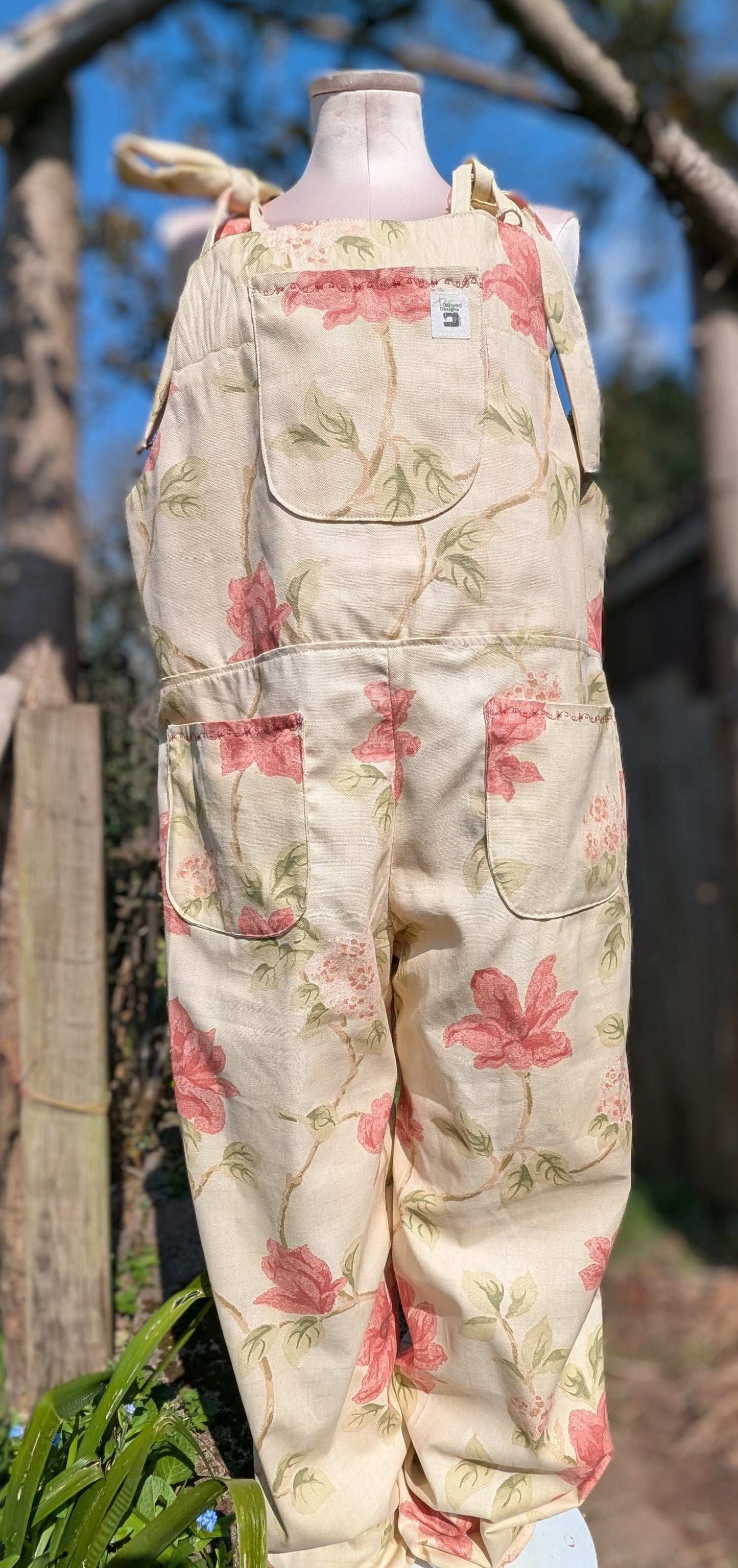 dungarees size 14 or L  pink and cream floral dungarees-baggy dungarees-sustainable fashion-ballon leg-reworked clothing-
