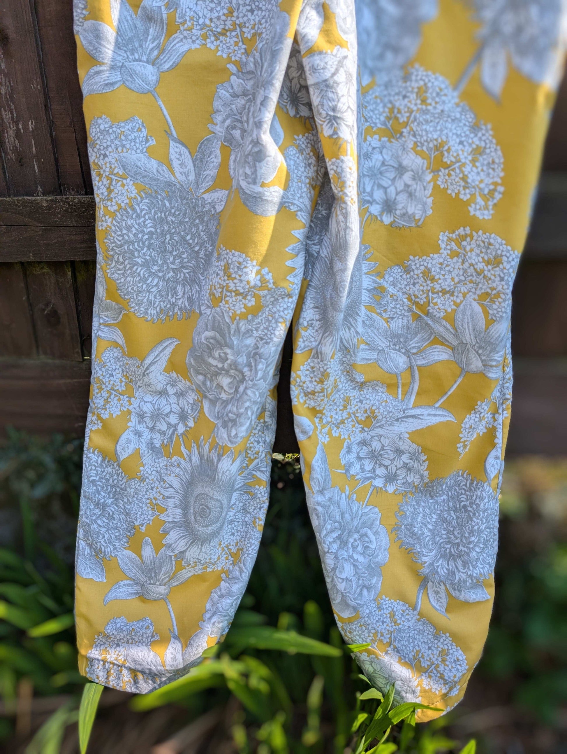 dungarees size 14 or L grey and yellow floral dungarees-baggy dungarees-sustainable fashion-ballon leg-reworked clothing-