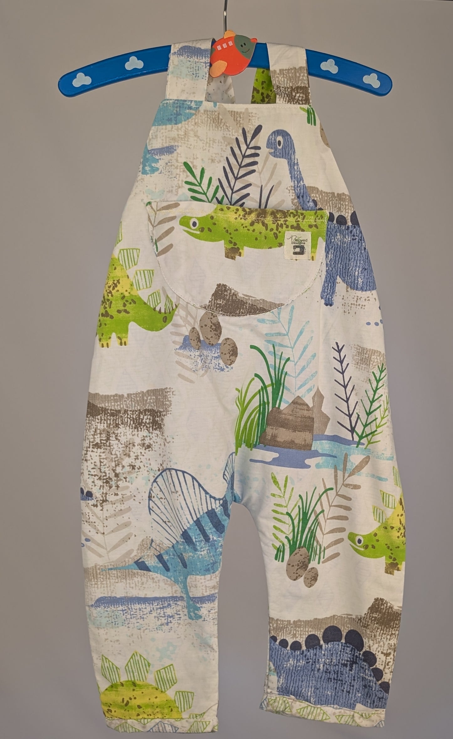 Dinosaur Dungarees, romper,(12-18m)  sustainable children's gift.