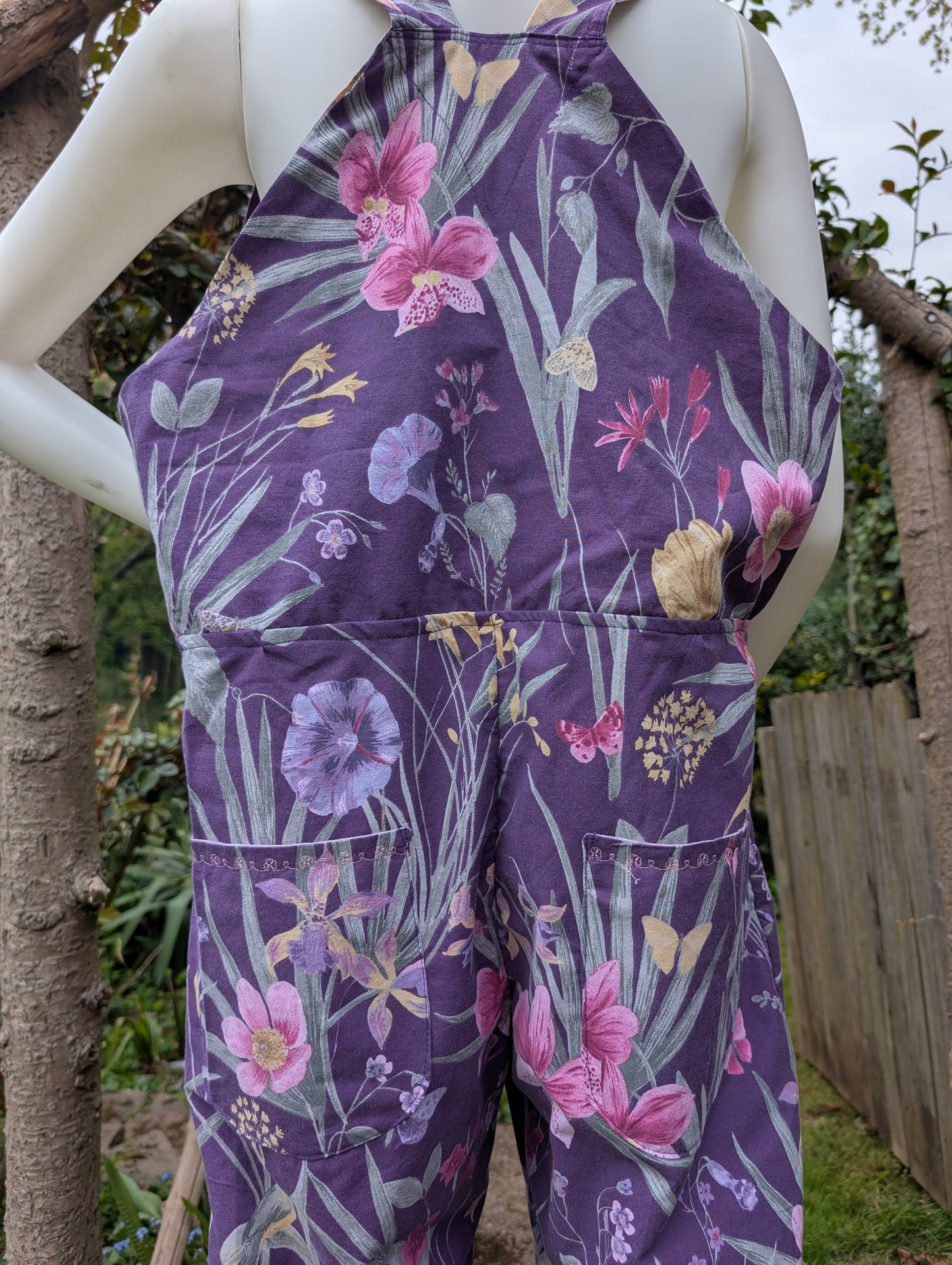 dungarees size 14-purple floral dungarees-sustainable fashion reworked clothing.