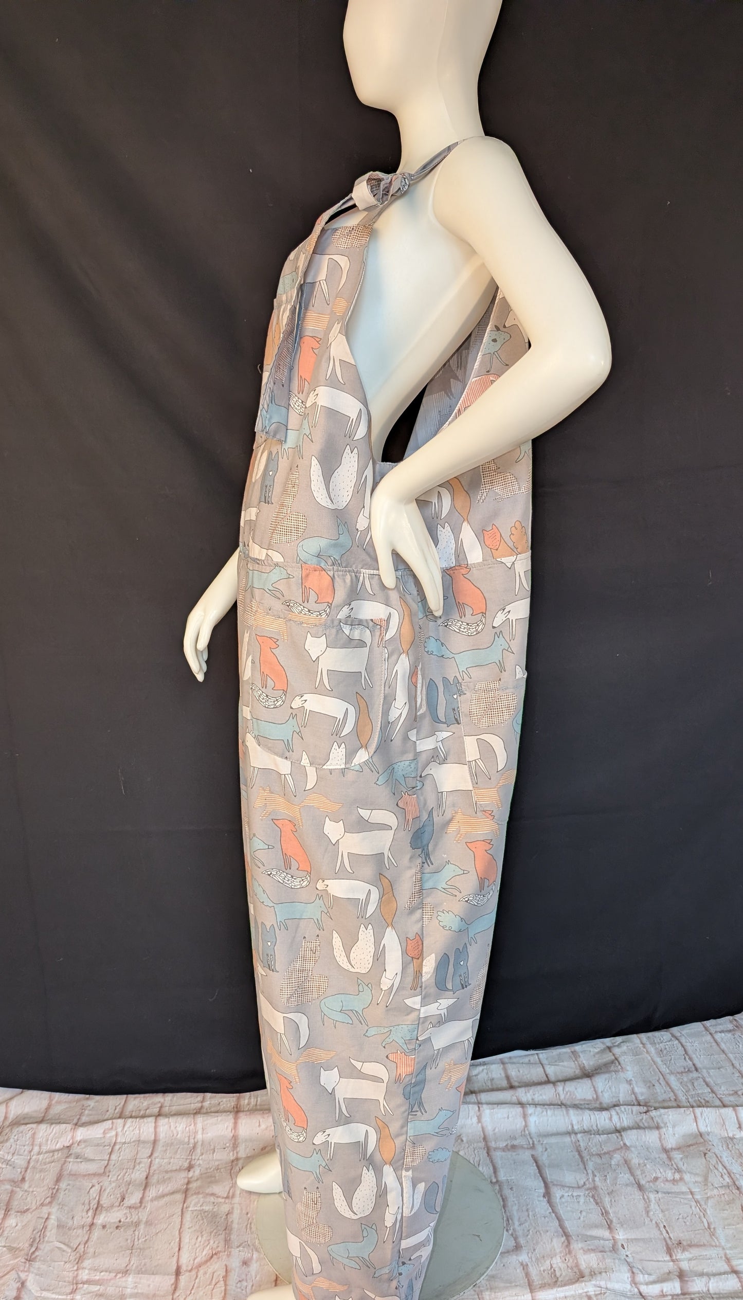 Upcycled Tie-Top Dungarees: foxes pattern, Plus Size 22