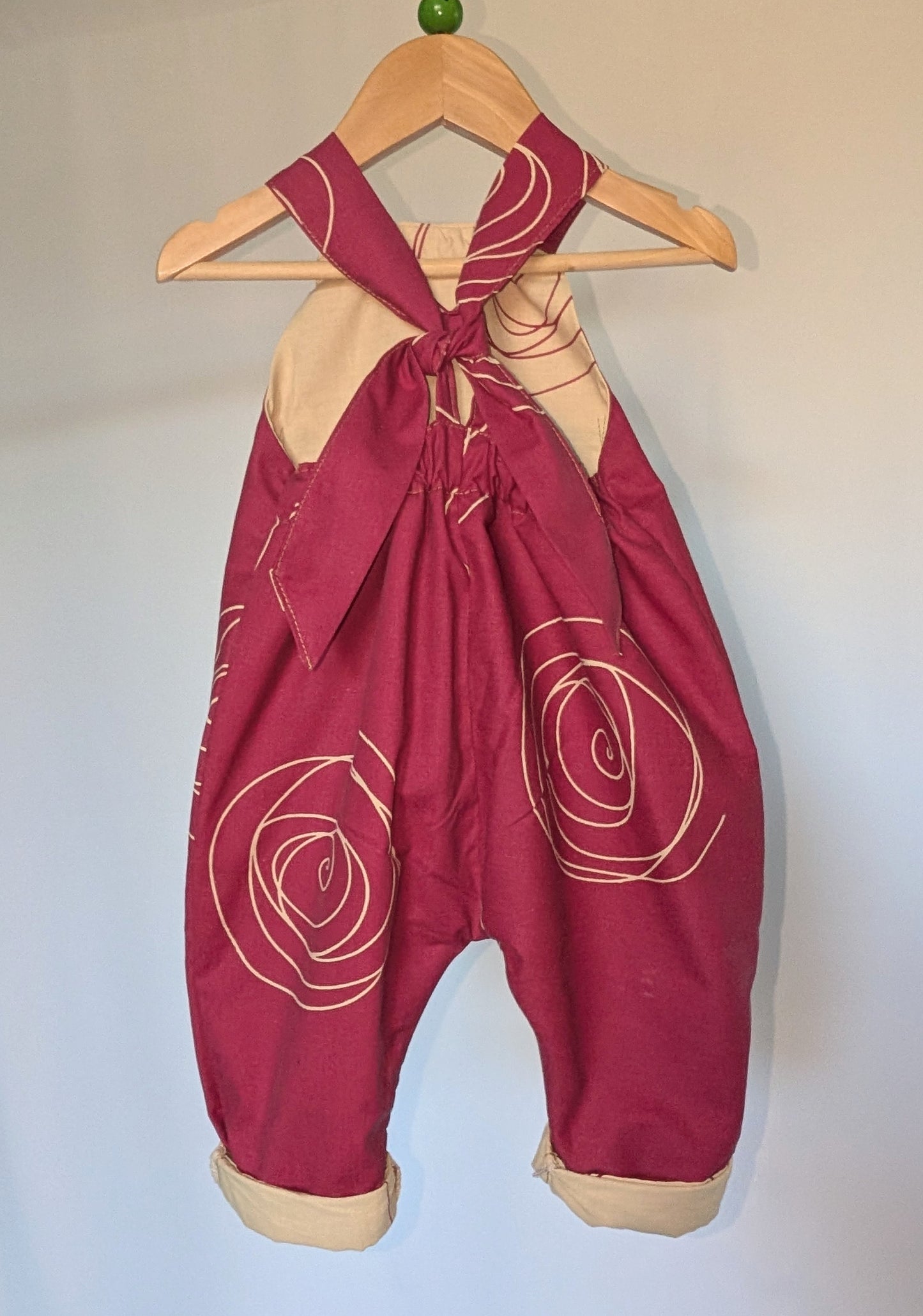 Patterned Pink Baby Dungarees Romper: Upcycled Sustainable Baby Clothing (9-12m)