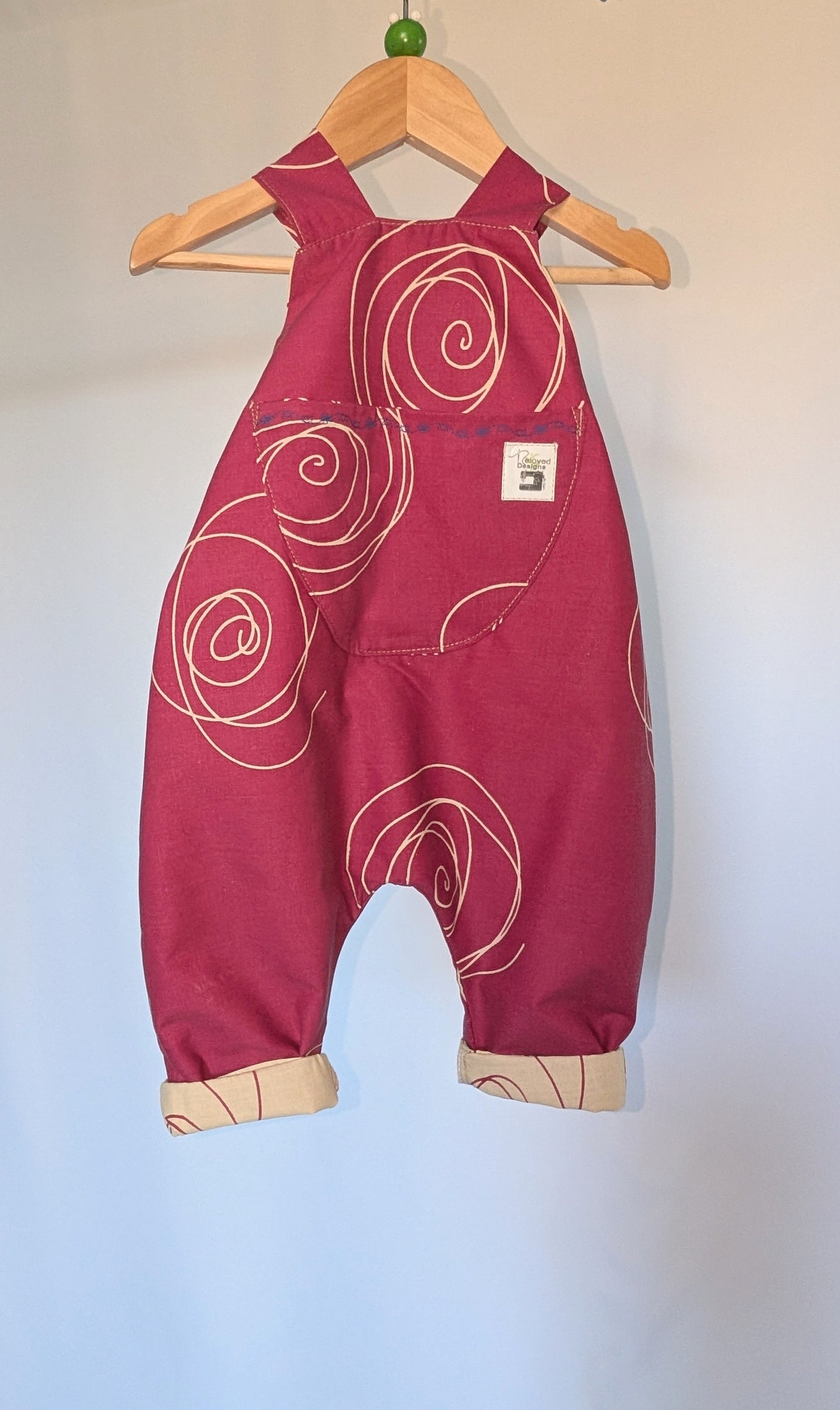 Patterned Pink Baby Dungarees Romper: Upcycled Sustainable Baby Clothing (9-12m)
