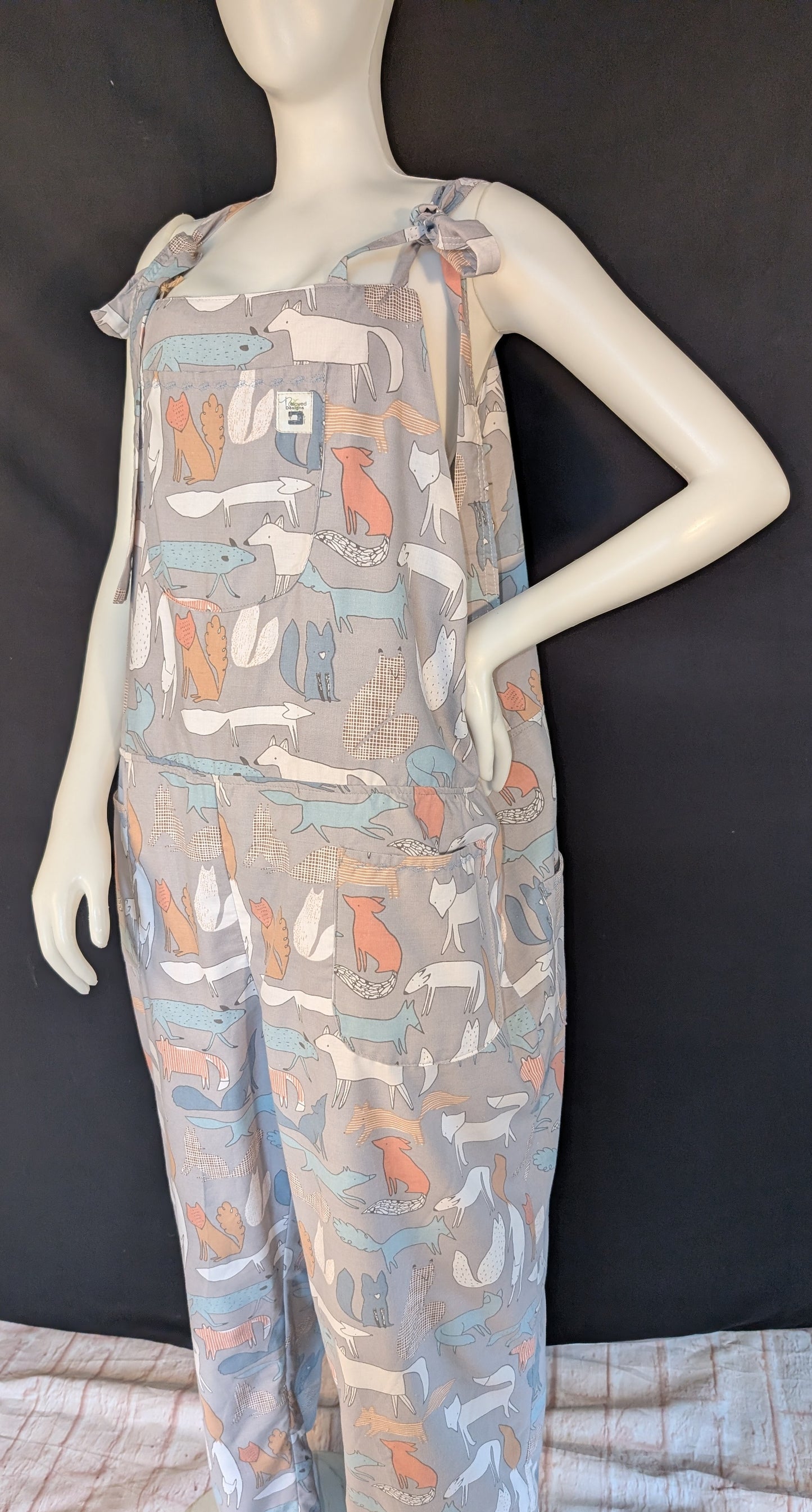 Upcycled Tie-Top Dungarees: foxes pattern, Plus Size 22