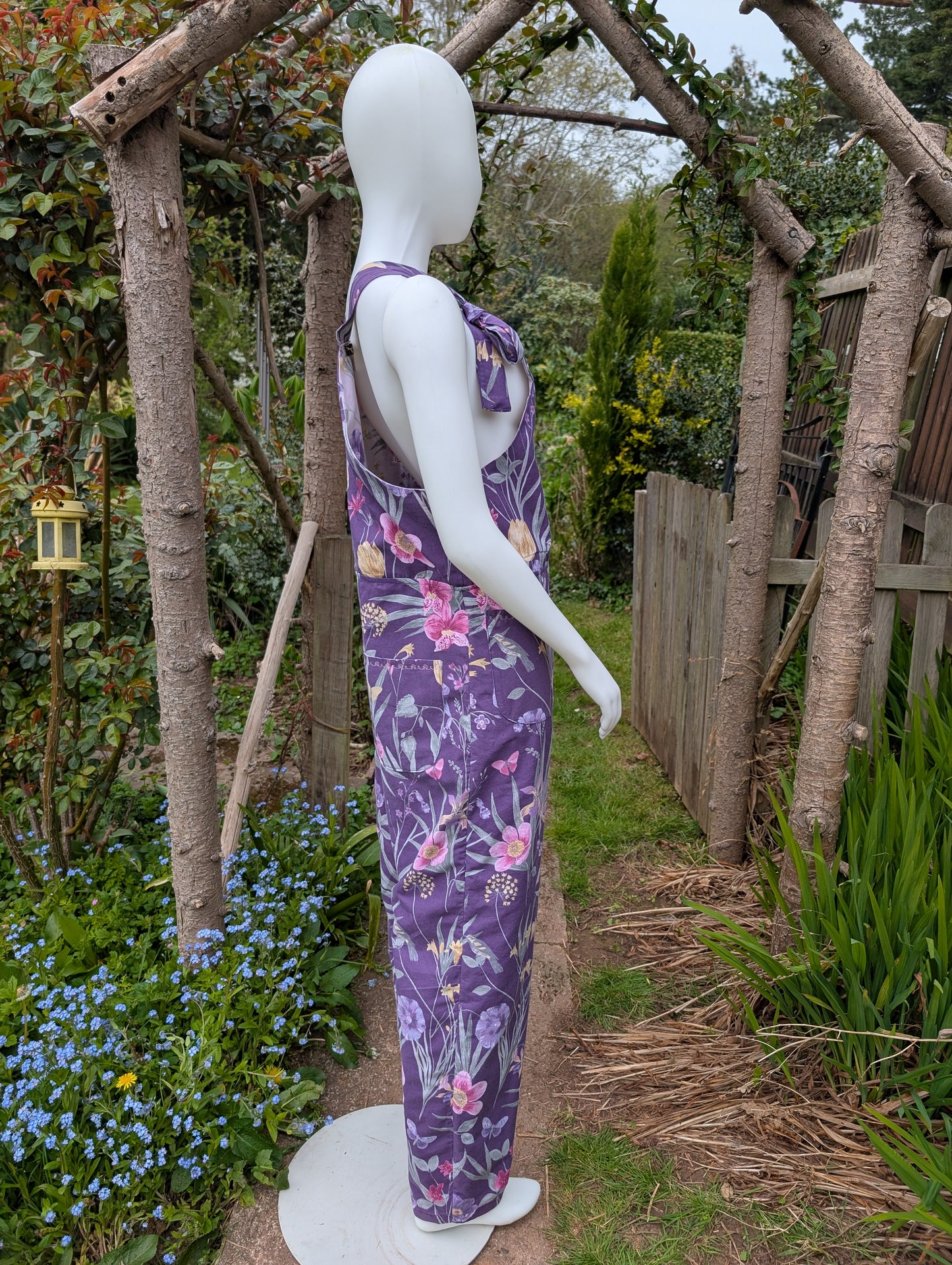 dungarees size 14-purple floral dungarees-sustainable fashion reworked clothing.