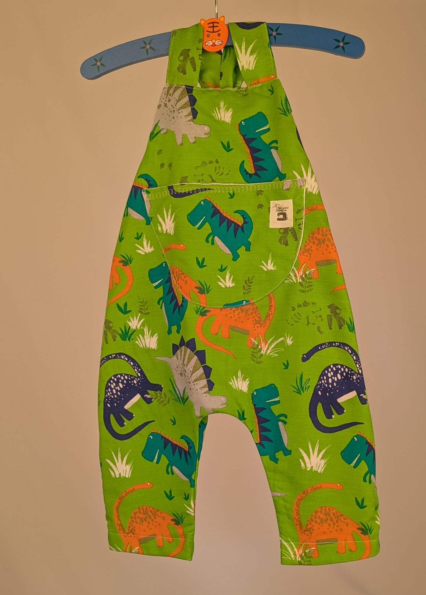 Dinosaur Baby Dungarees Romper: Upcycled Sustainable Baby Clothing (9-12m)