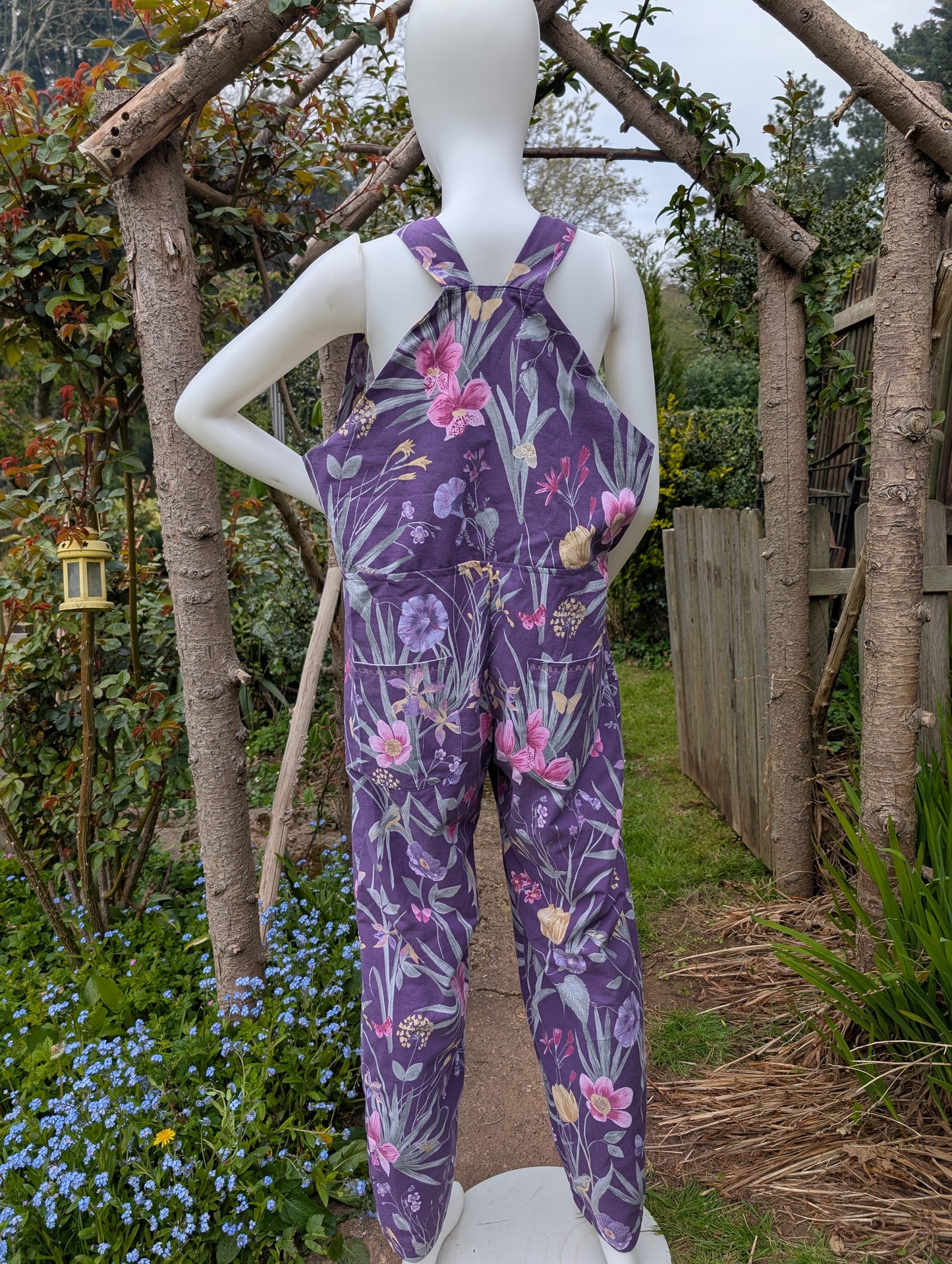 dungarees size 14-purple floral dungarees-sustainable fashion reworked clothing.