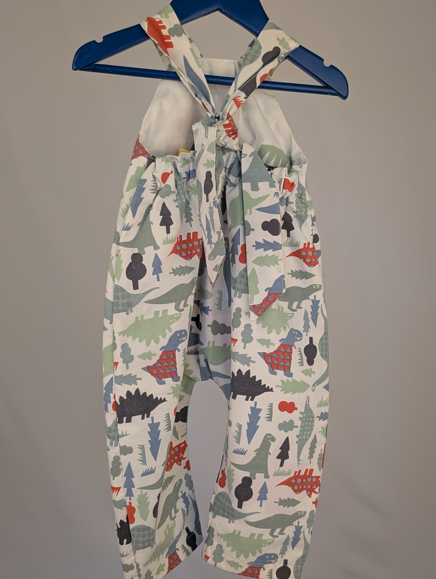 Dinosaur Baby Dungarees Romper: Upcycled Sustainable Baby Clothing (9-12m)