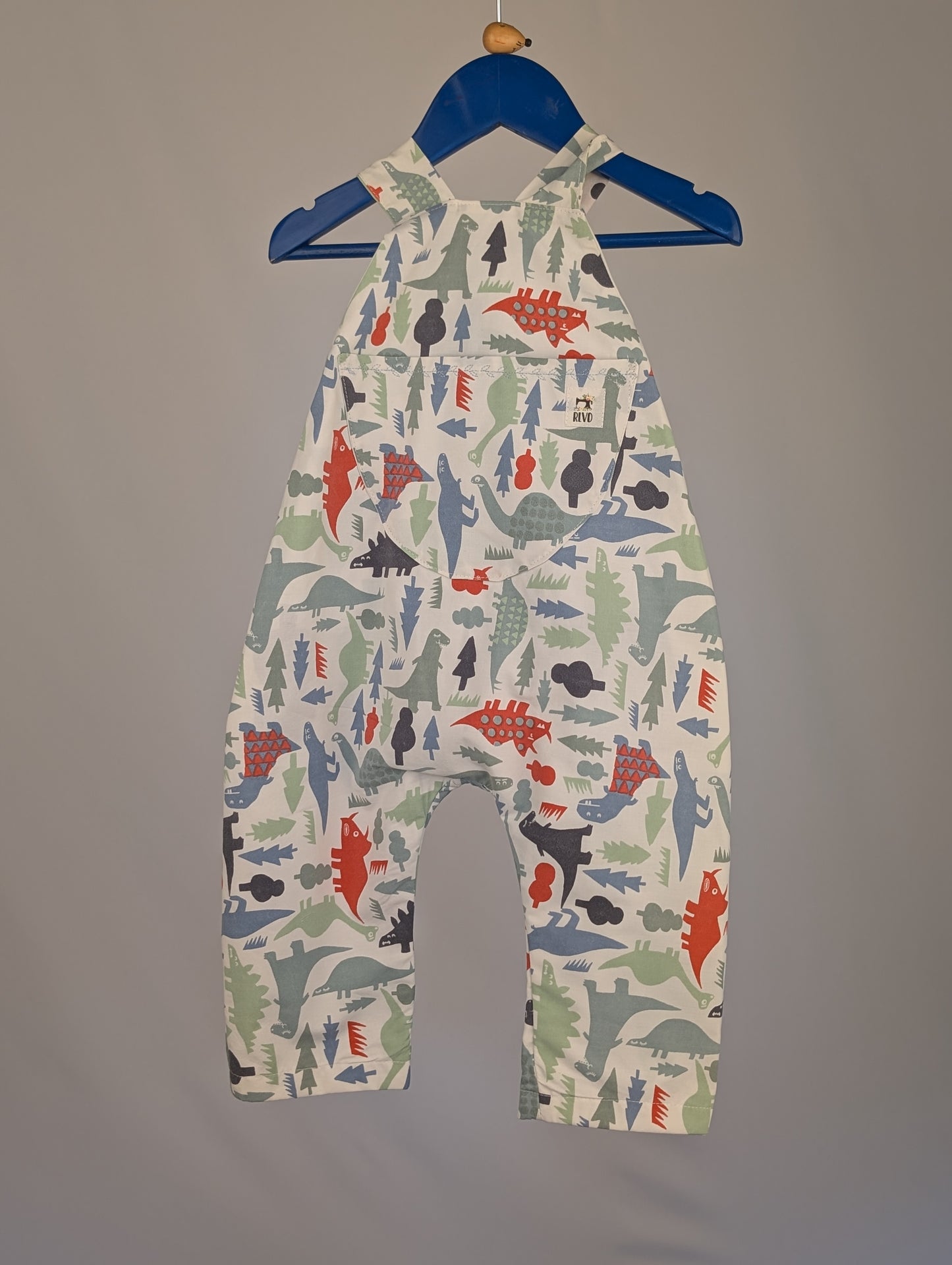 Dinosaur Baby Dungarees Romper: Upcycled Sustainable Baby Clothing (9-12m)