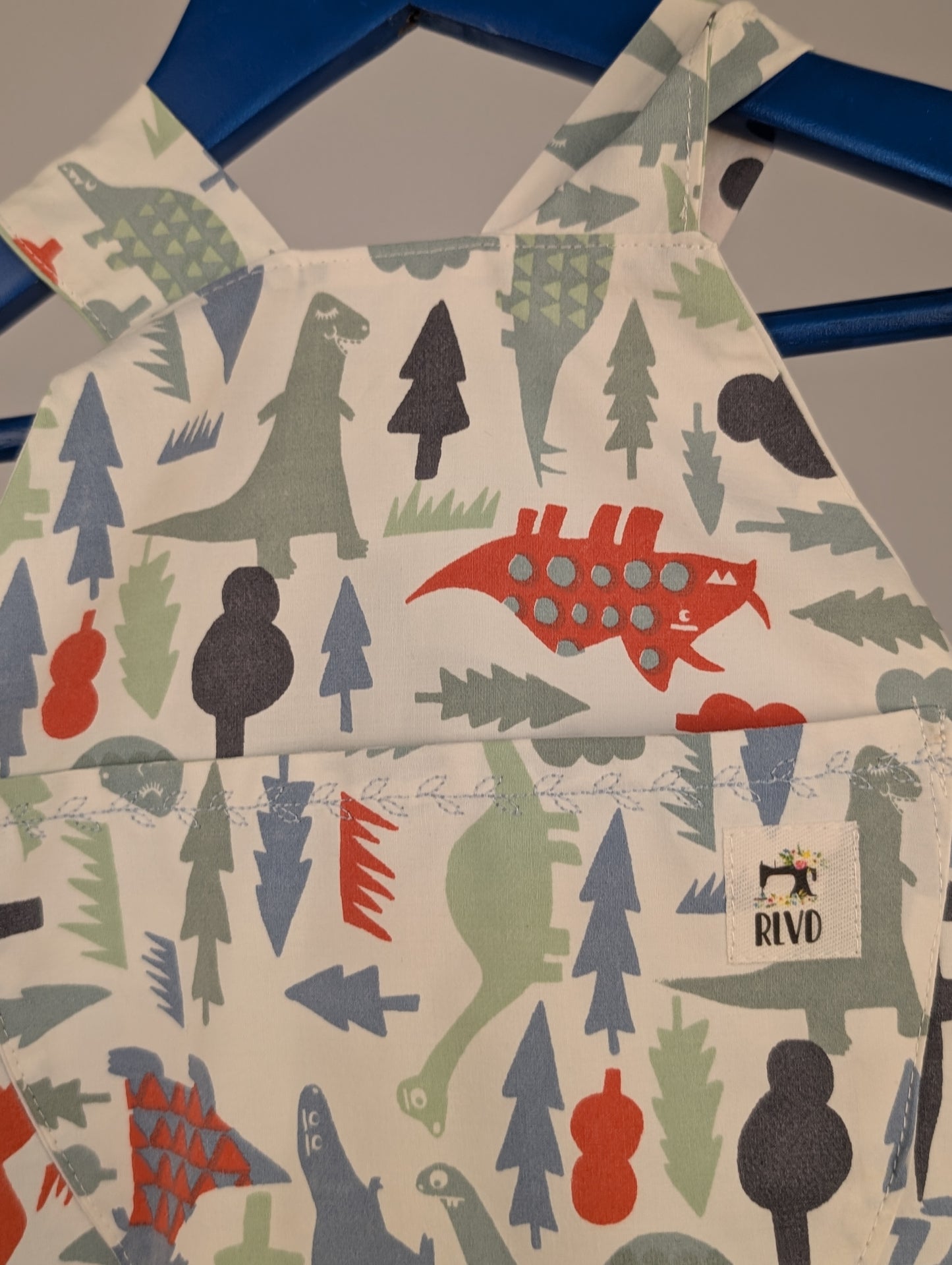 Dinosaur Baby Dungarees Romper: Upcycled Sustainable Baby Clothing (9-12m)