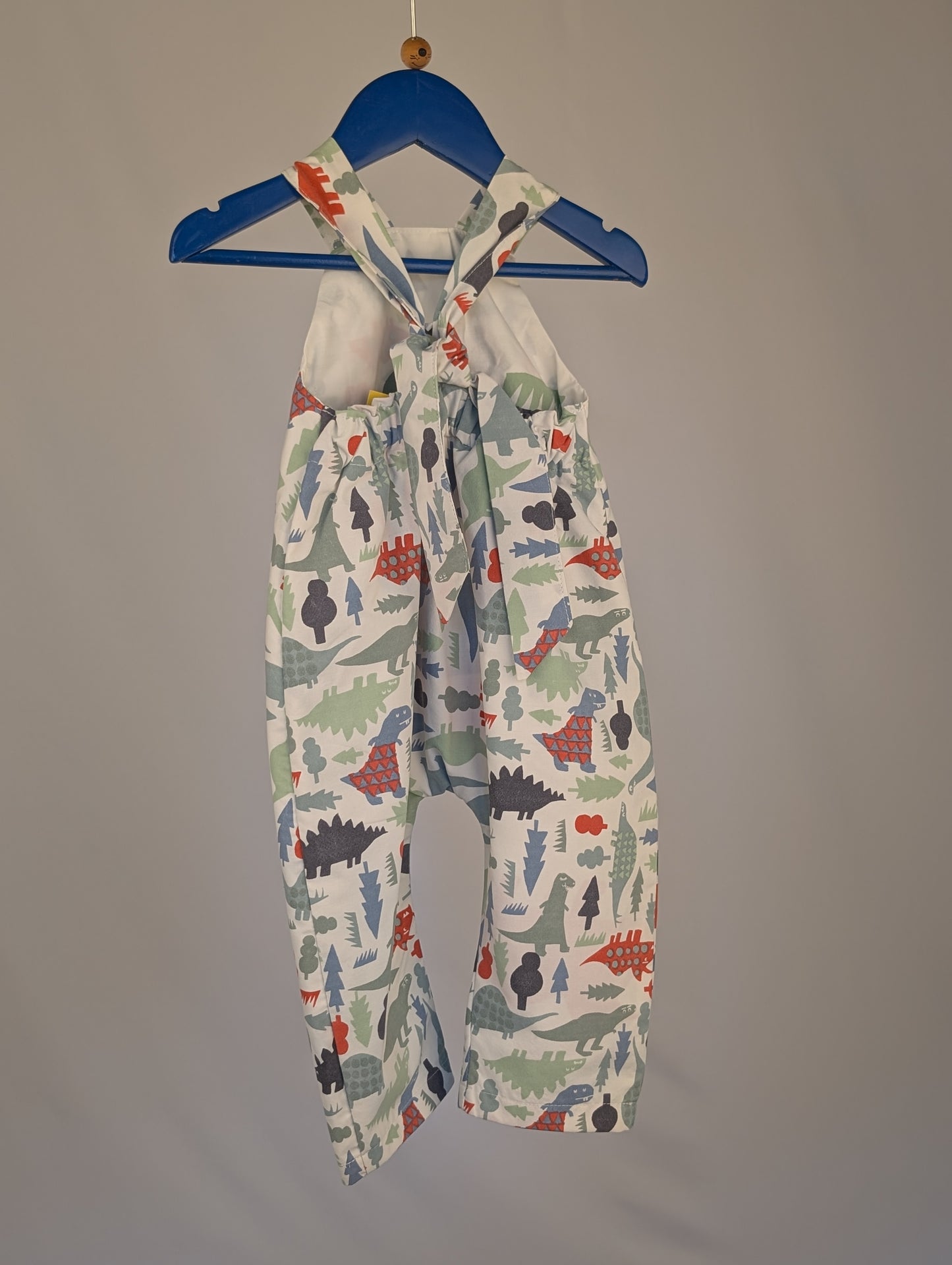 Dinosaur Baby Dungarees Romper: Upcycled Sustainable Baby Clothing (9-12m)
