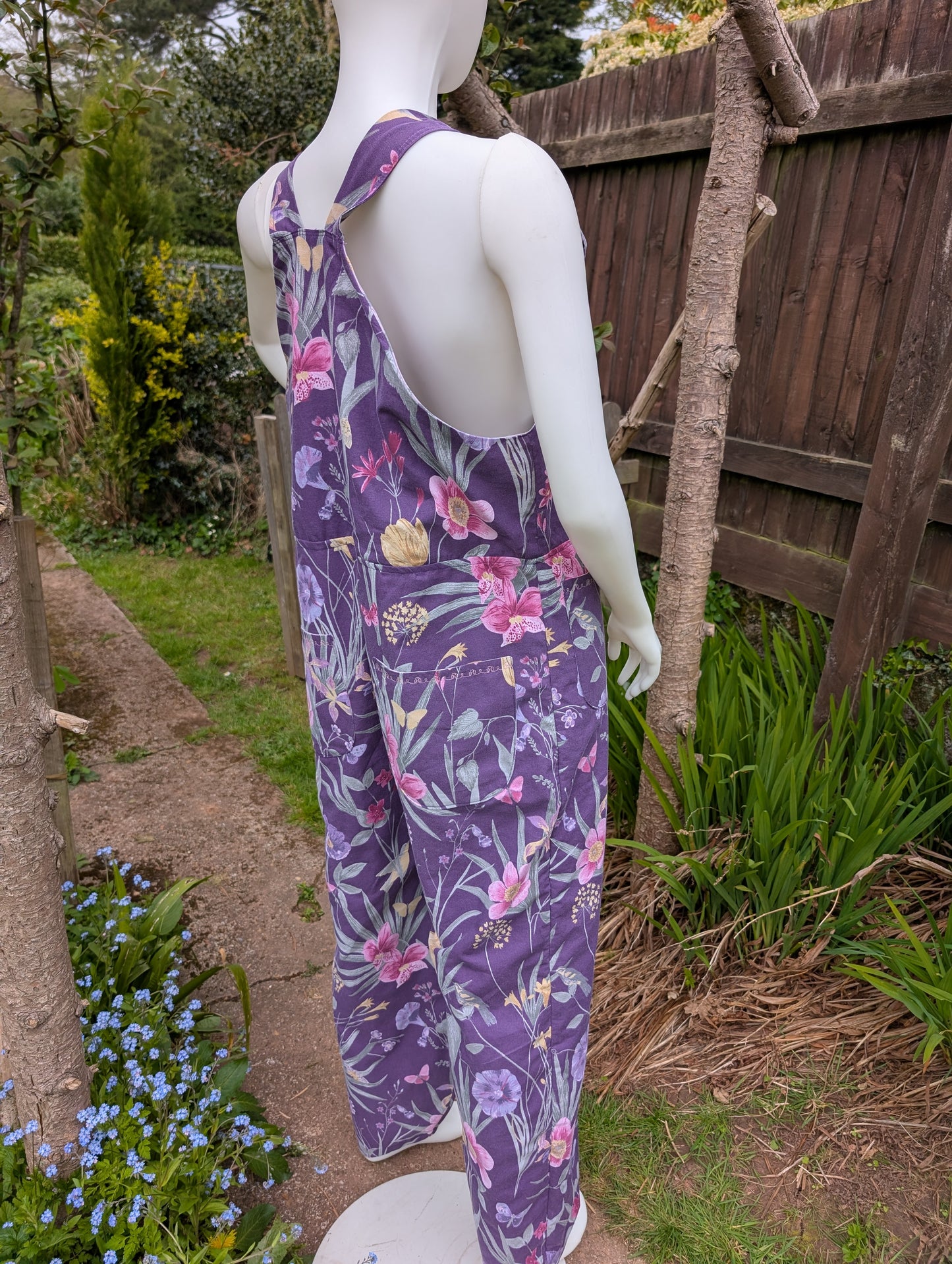 dungarees size 14-purple floral dungarees-sustainable fashion reworked clothing.