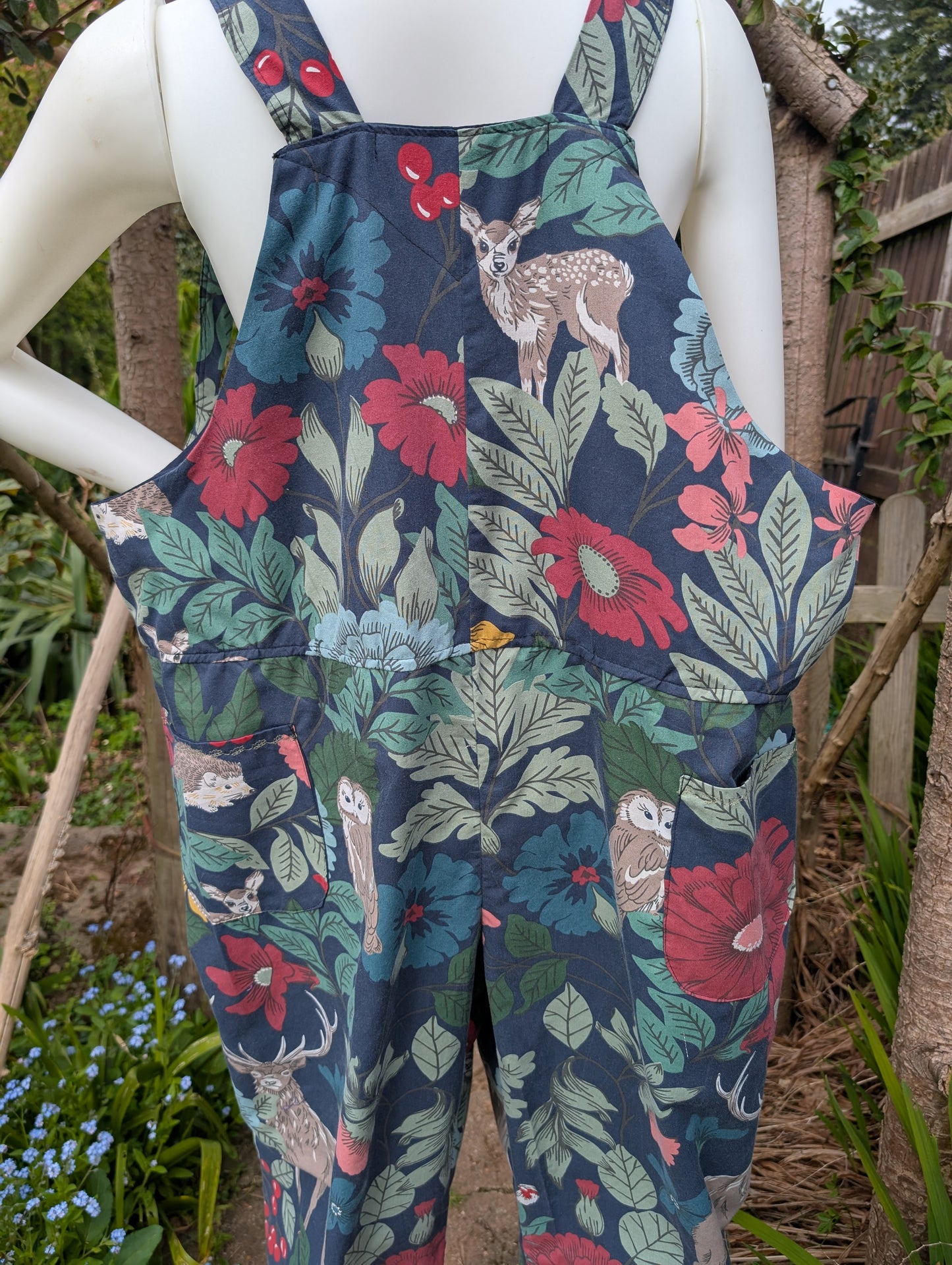 dungarees size 22-forest pattern dungarees-woodland animals-plus size dungarees-cropped leg