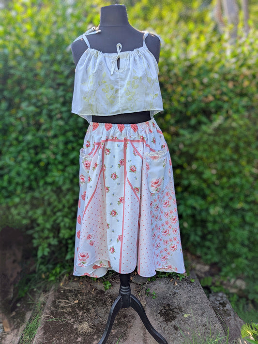 Skirt 18-waterfall hem skirt-circle skirt-ditsy floral pattern-d-day skirt-full skirt with pockets-long skirt- flared, stretch waist