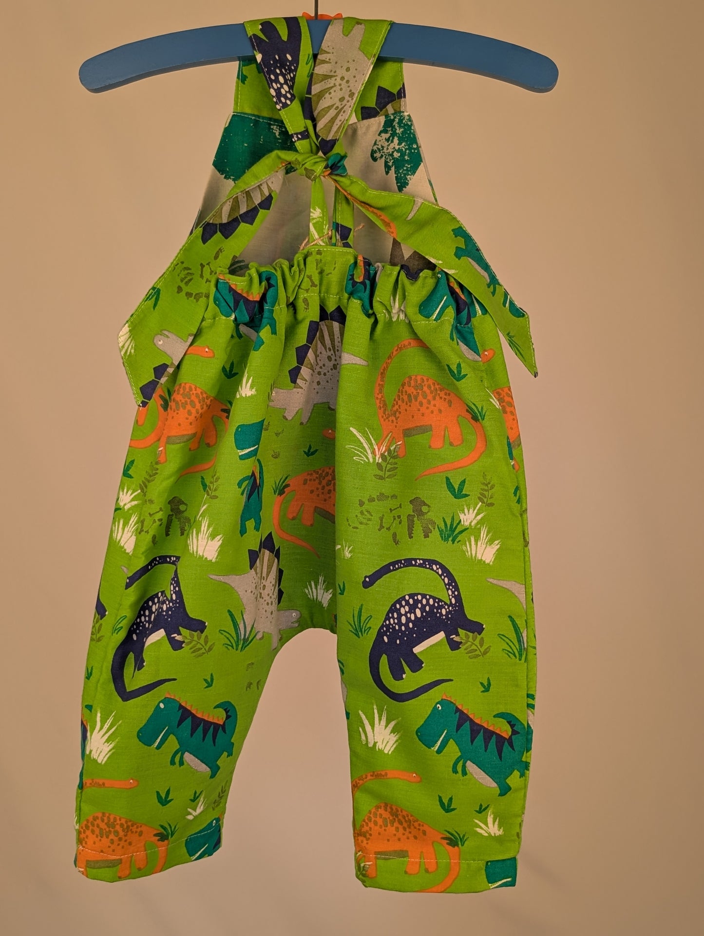 Dinosaur Baby Dungarees Romper: Upcycled Sustainable Baby Clothing (9-12m)