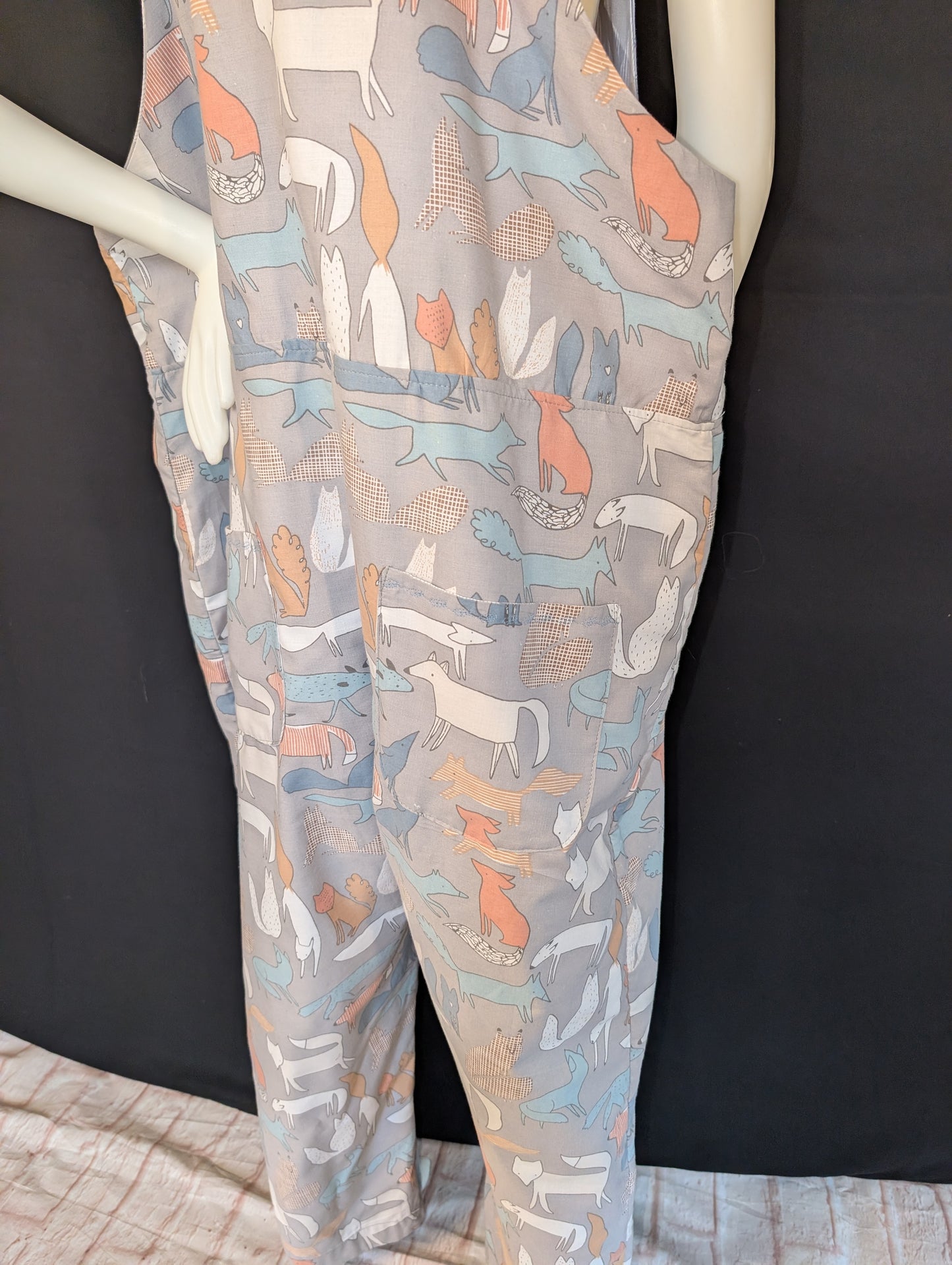 Upcycled Tie-Top Dungarees: foxes pattern, Plus Size 22