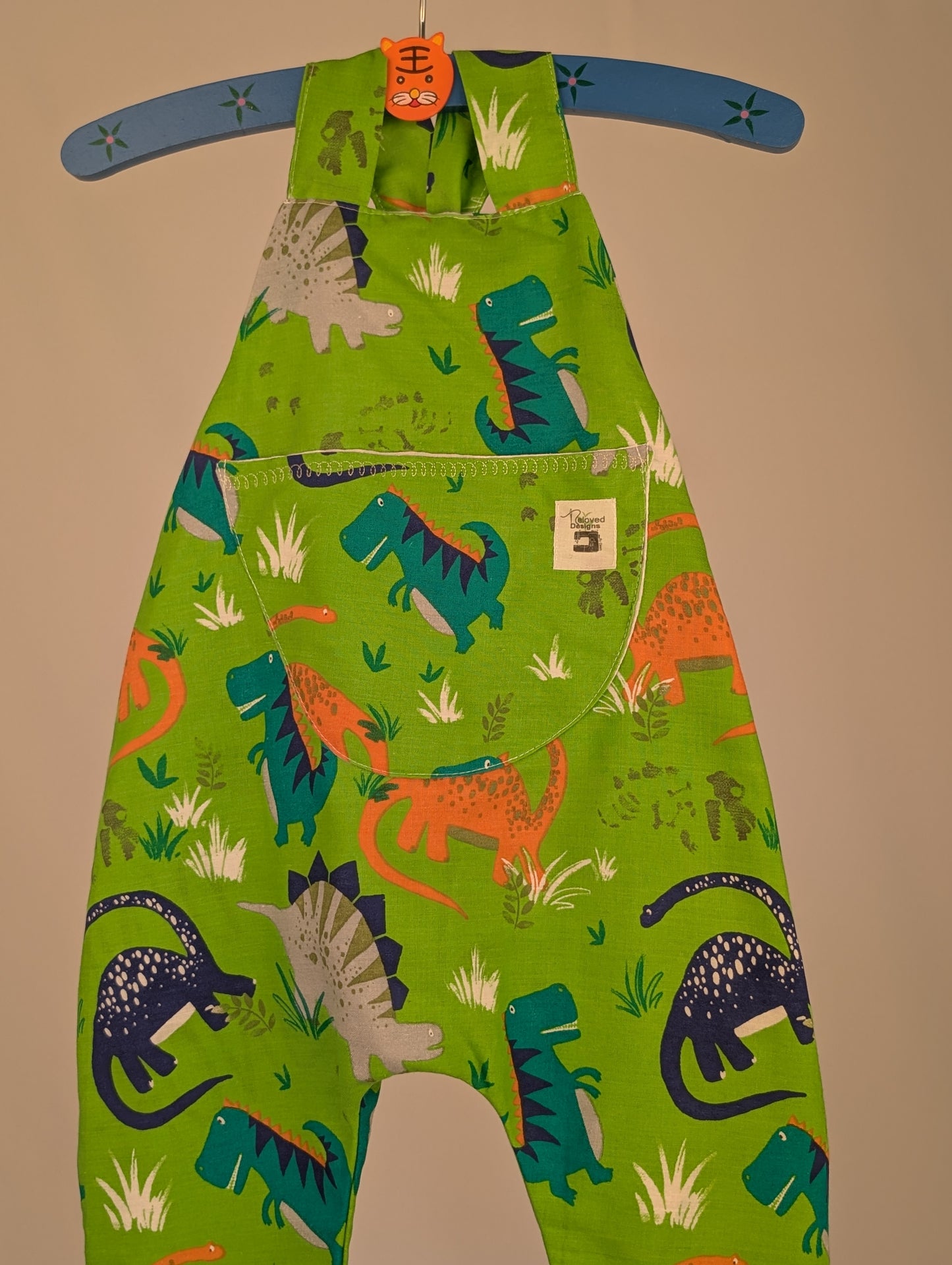 Dinosaur Baby Dungarees Romper: Upcycled Sustainable Baby Clothing (9-12m)