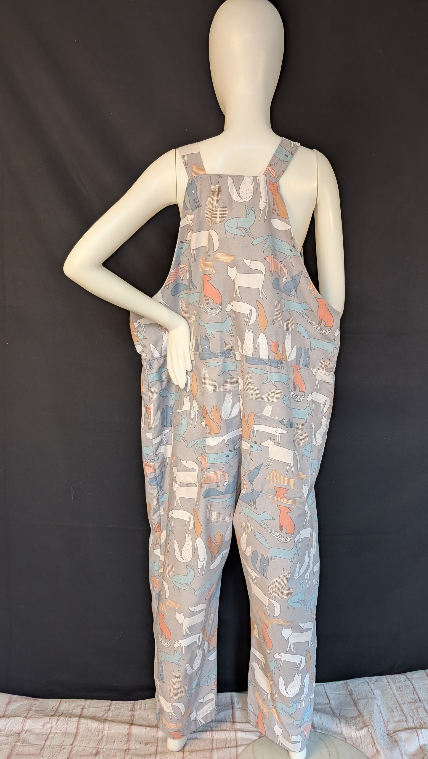 Upcycled Tie-Top Dungarees: foxes pattern, Plus Size 22