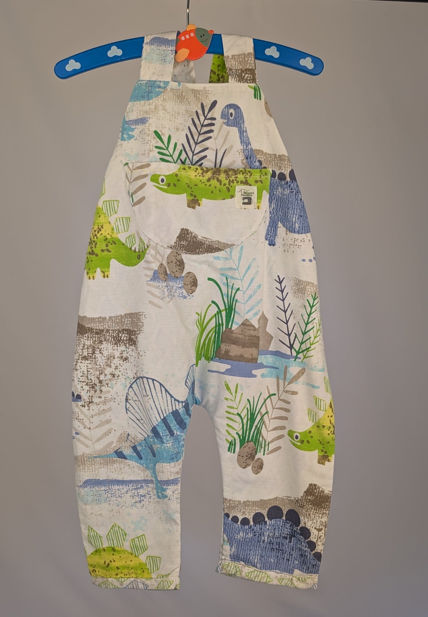 Dinosaur Dungarees, romper,(12-18m)  sustainable children's gift.