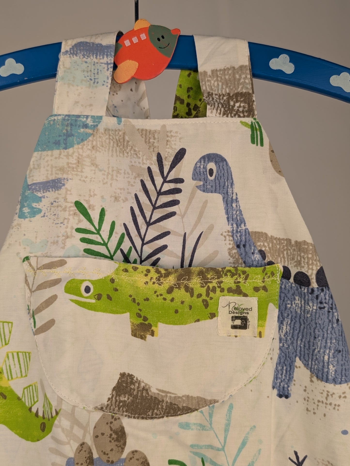 Dinosaur Dungarees, romper,(12-18m)  sustainable children's gift.