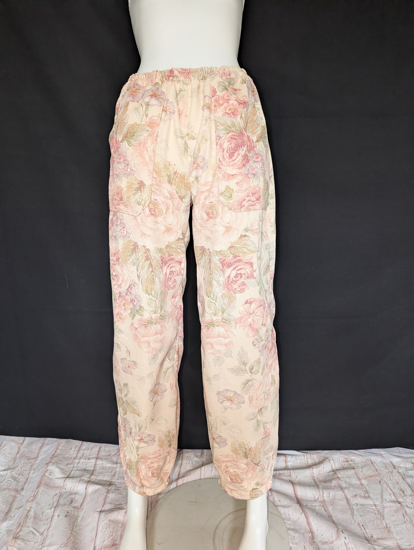 Vintage Vibe: Upcycled - Roses Pattern Trousers, Size 12 - Eco-Friendly Fashion