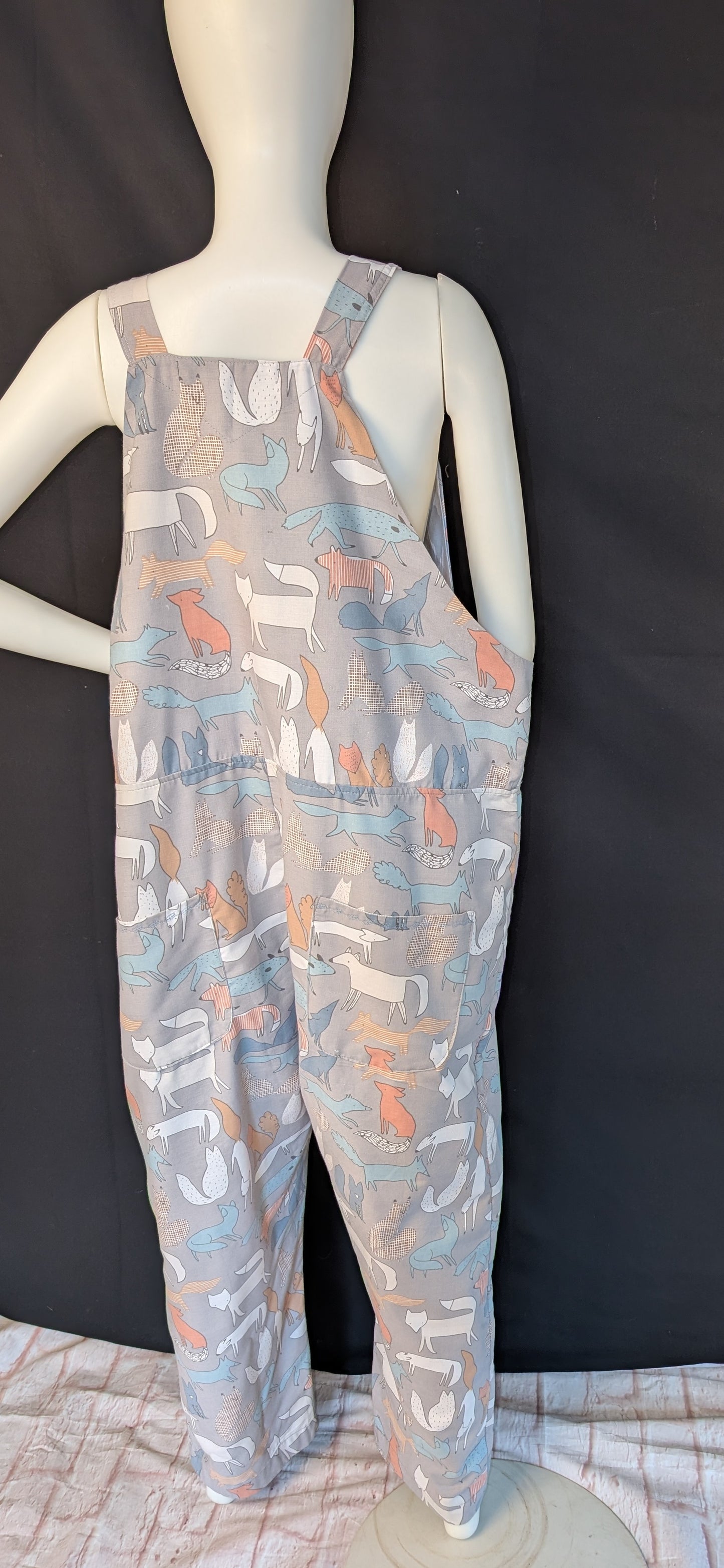 Upcycled Tie-Top Dungarees: foxes pattern, Plus Size 22