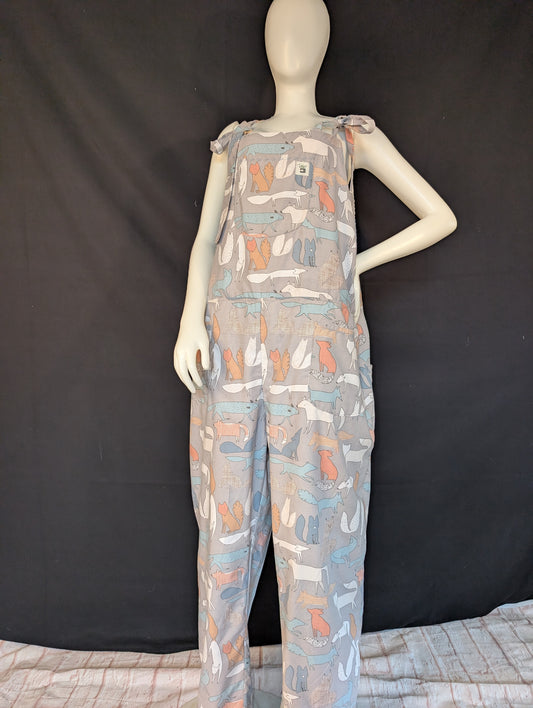 Upcycled Tie-Top Dungarees: foxes pattern, Plus Size 22
