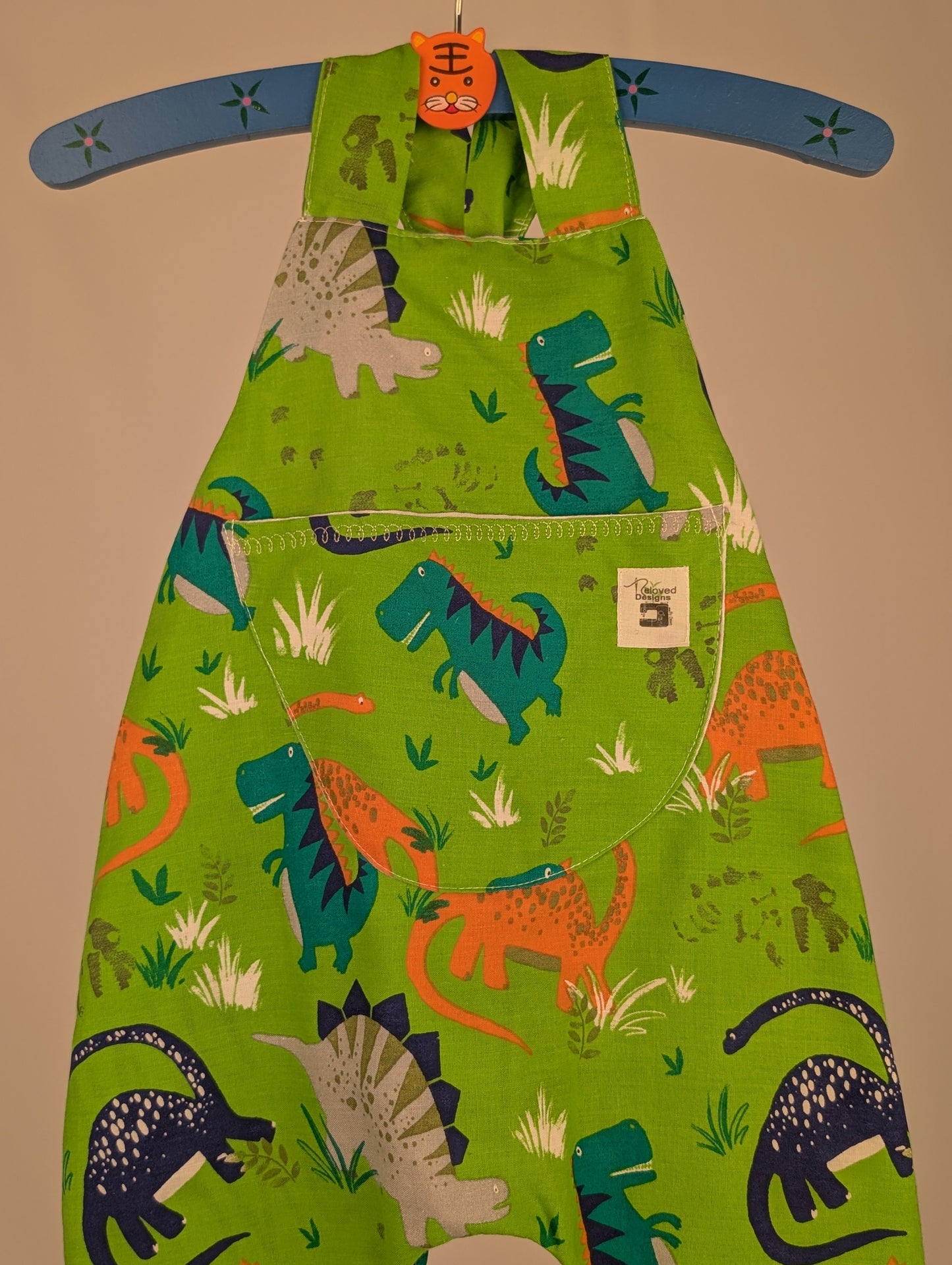 Dinosaur Baby Dungarees Romper: Upcycled Sustainable Baby Clothing (9-12m)