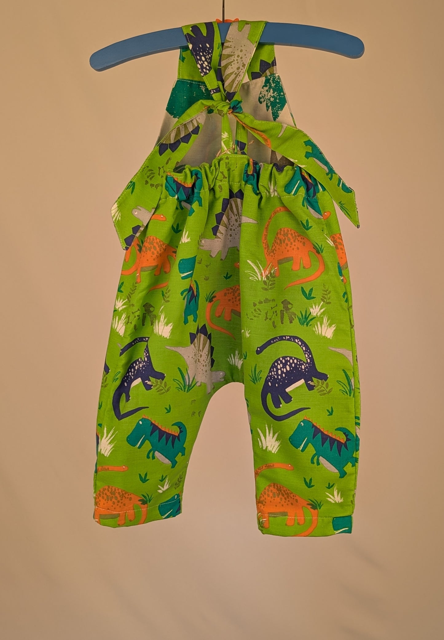 Dinosaur Baby Dungarees Romper: Upcycled Sustainable Baby Clothing (9-12m)