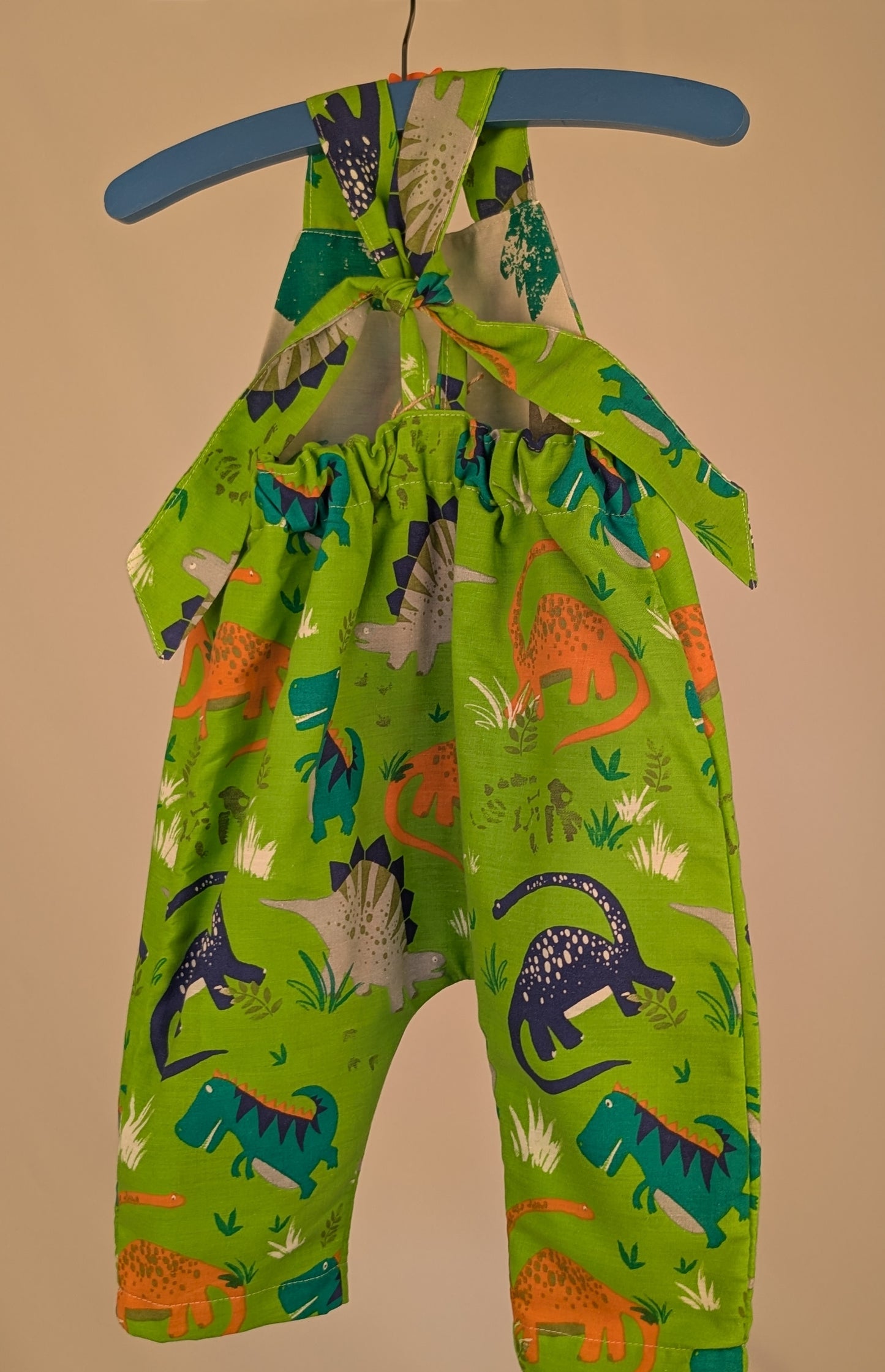 Dinosaur Baby Dungarees Romper: Upcycled Sustainable Baby Clothing (9-12m)