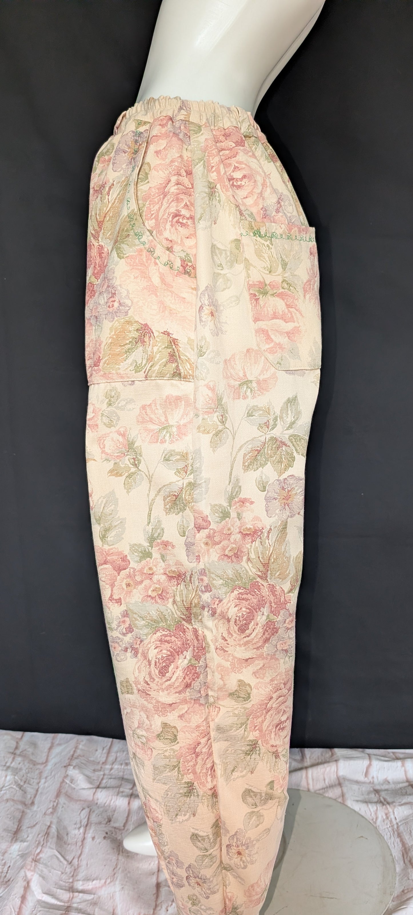 Vintage Vibe: Upcycled - Roses Pattern Trousers, Size 12 - Eco-Friendly Fashion