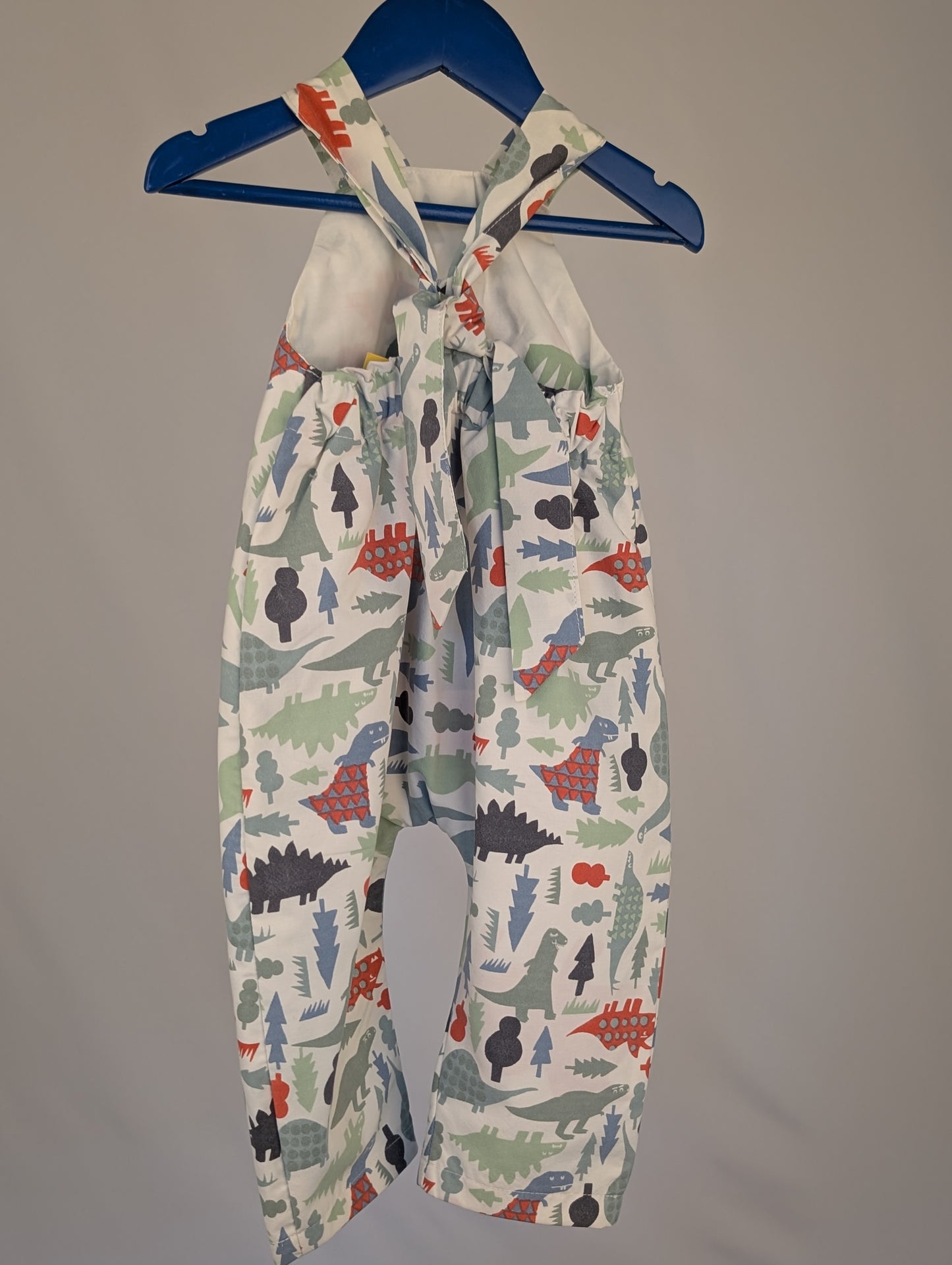 Dinosaur Baby Dungarees Romper: Upcycled Sustainable Baby Clothing (9-12m)