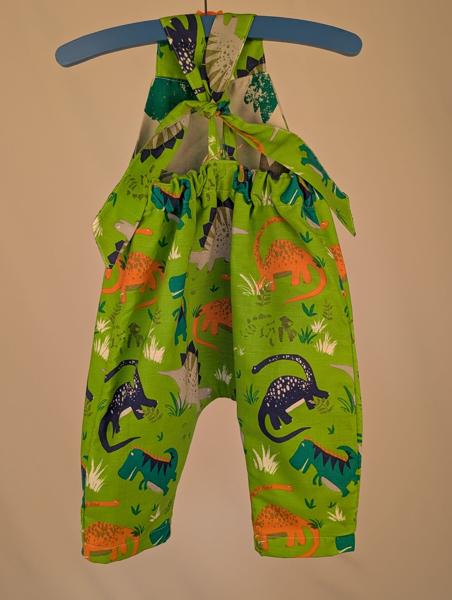 Dinosaur Baby Dungarees Romper: Upcycled Sustainable Baby Clothing (9-12m)
