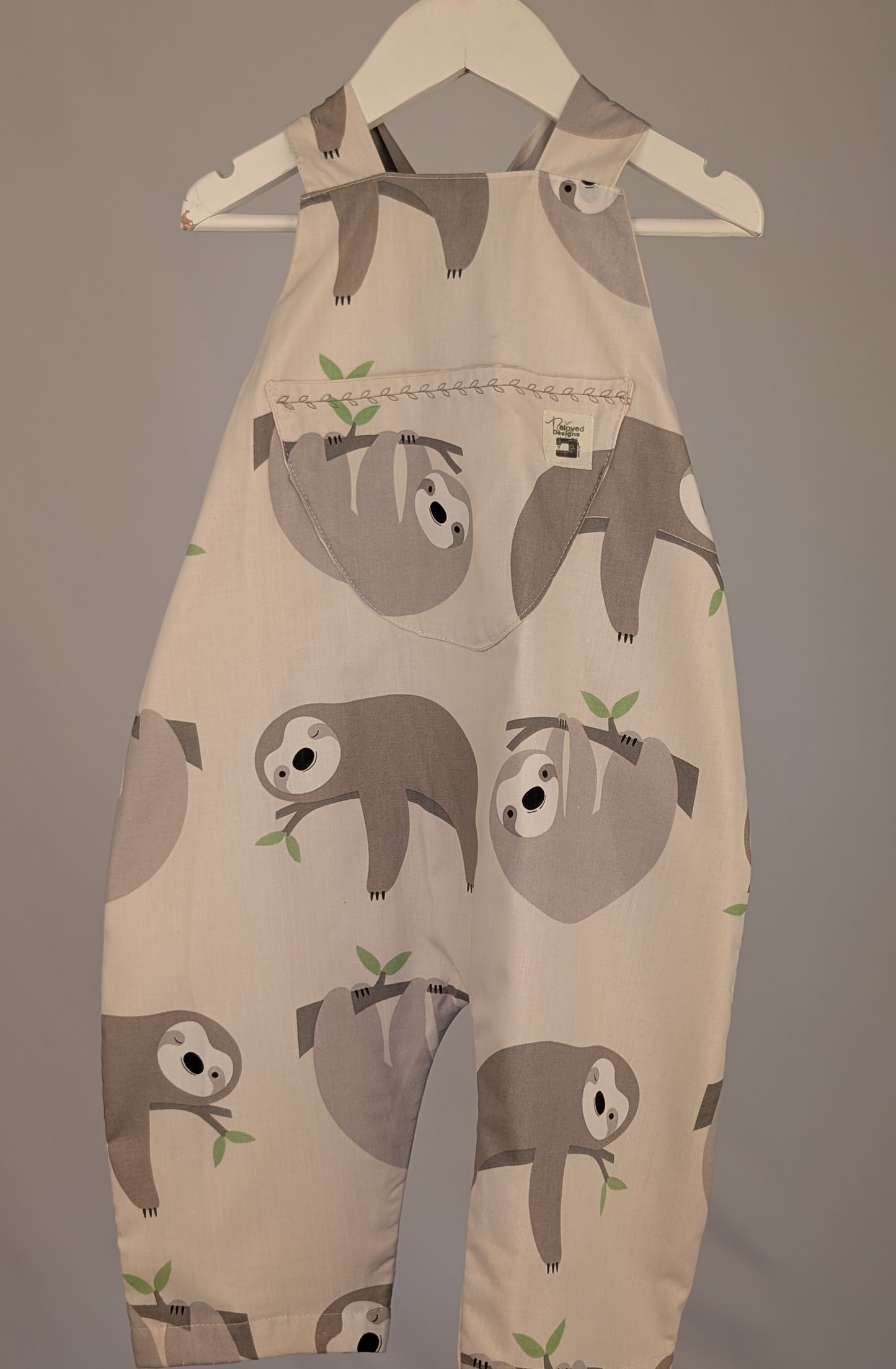 Sloth Dungarees, romper,(2-3y)  sustainable children's gift.