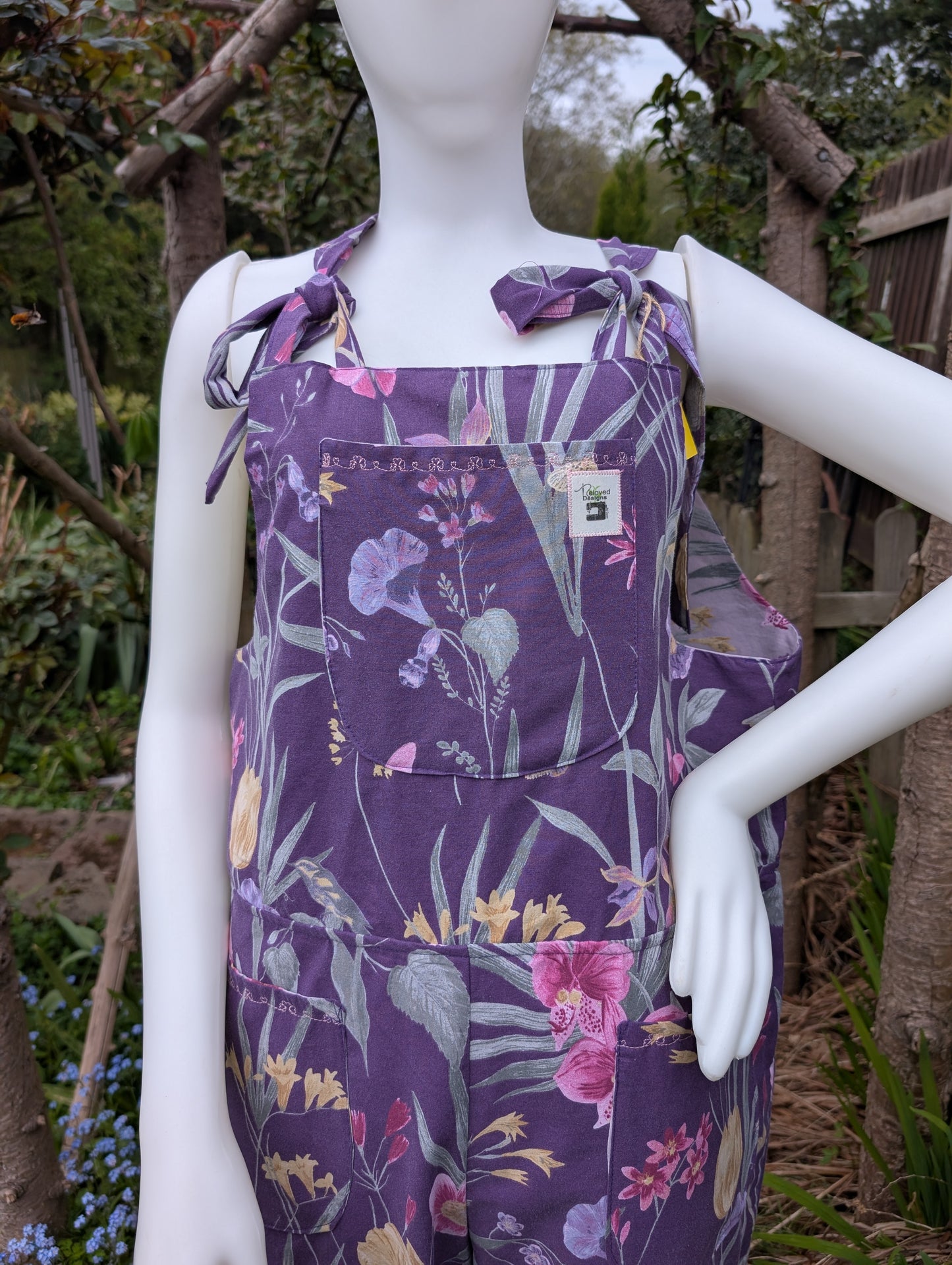 dungarees size 14-purple floral dungarees-sustainable fashion reworked clothing.
