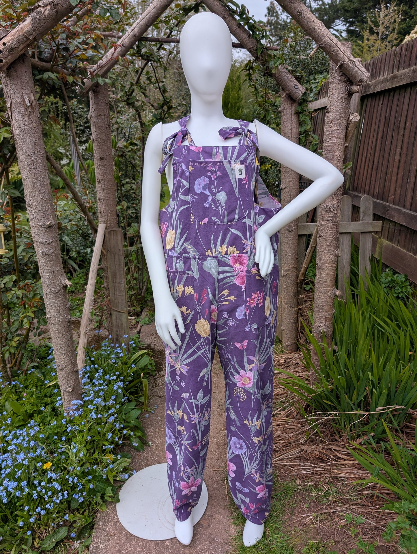 dungarees size 14-purple floral dungarees-sustainable fashion reworked clothing.