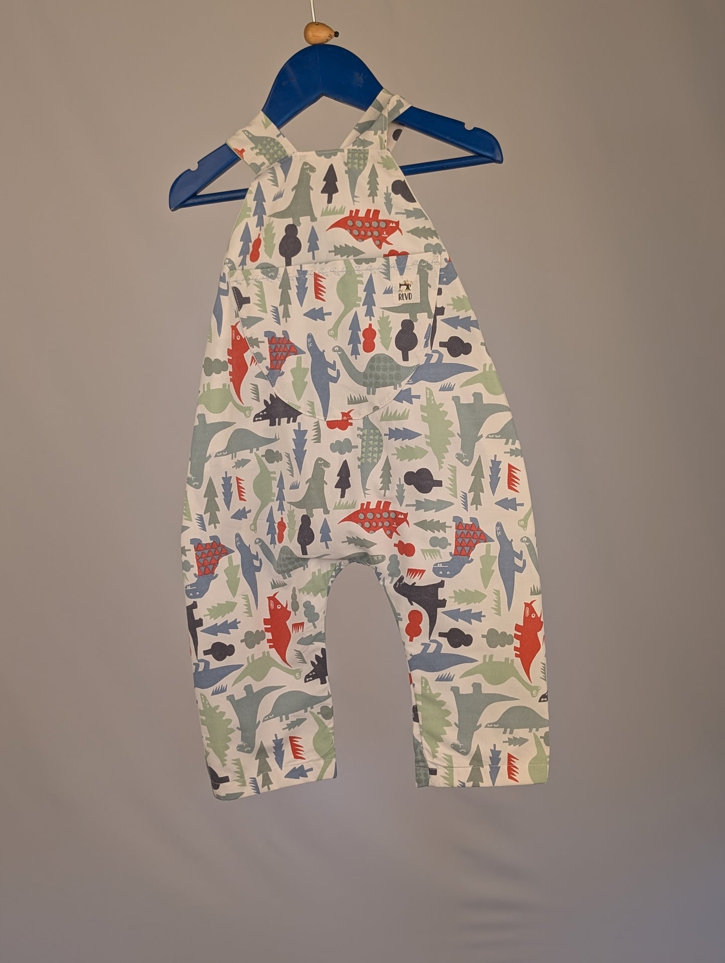 Dinosaur Baby Dungarees Romper: Upcycled Sustainable Baby Clothing (9-12m)