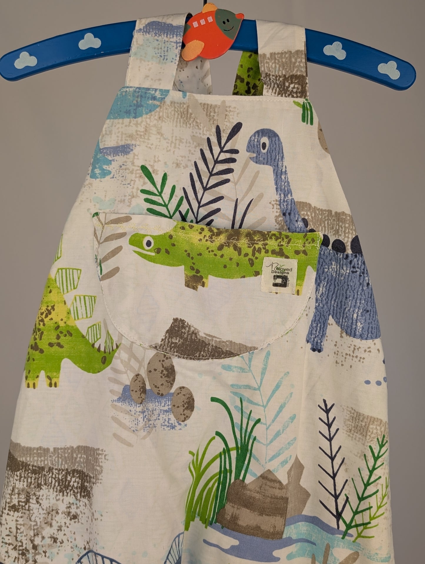 Dinosaur Dungarees, romper,(12-18m)  sustainable children's gift.